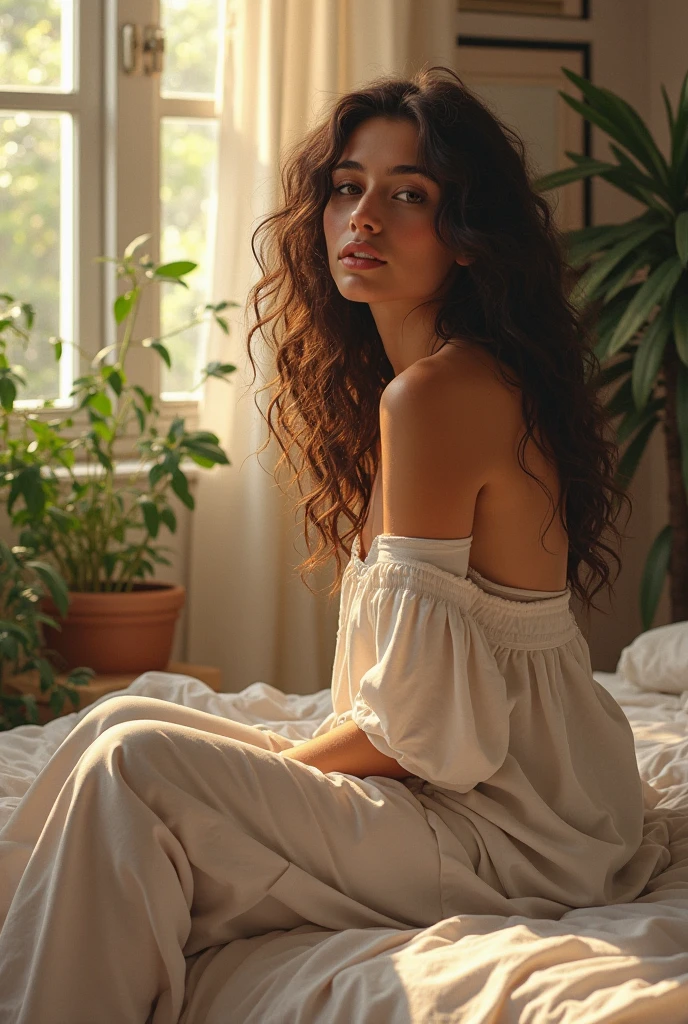 (photorealism:1.2), beautiful woman, sitting on bed, wearing loose off-shoulder top, pajama pants, long curly hair, indoors, soft lighting, plants in background, window with sunlight, cozy room, relaxed pose, realistic, intricate details, warm colors, by Greg Rutkowski, by Alphonse Mucha