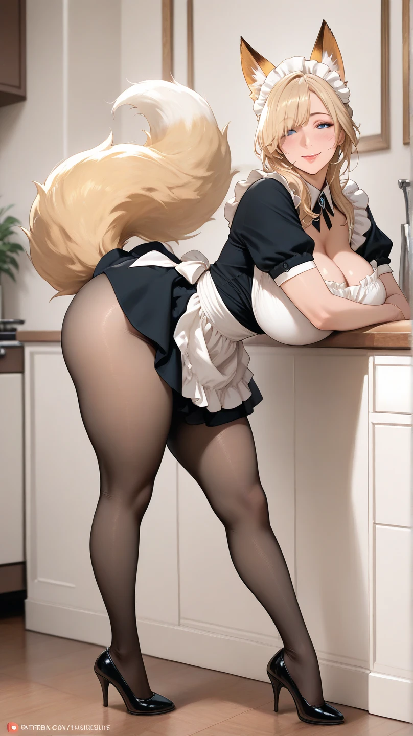 1girl, solo, multiple colored hairs, maid, black cat tail, smile, black thighhigh, leaning forward, outside, charm posing, paw stamps background,  upskirt, (view from behind), micro-thong is pulled down to thighs, detailed pussy, presenting anus, (tomboy), medium hair, big ass, thicc,