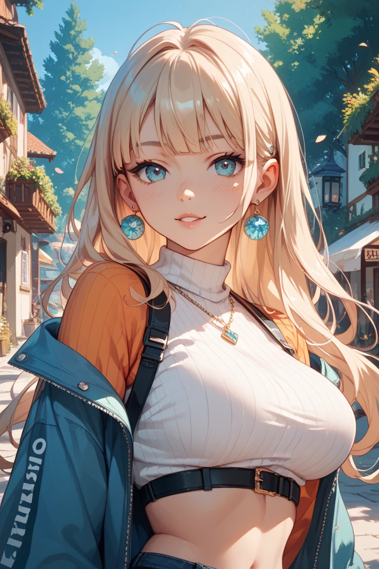 One girl, Ahoge, bangs, Blonde, Throw kiss, blue eyes, blue scarf, brown scarf, Cleavage,  eyelash, face, Floating Hair, Hair between the eyes,  lips, Long Hair, View your viewers,  night null, nose, Close one eye, orange scarf, pink lips,, Portraiture, Purple eyes, Realistic,  scarf, sign, 笑face, alone, null間,  star (null), , Upper Body,