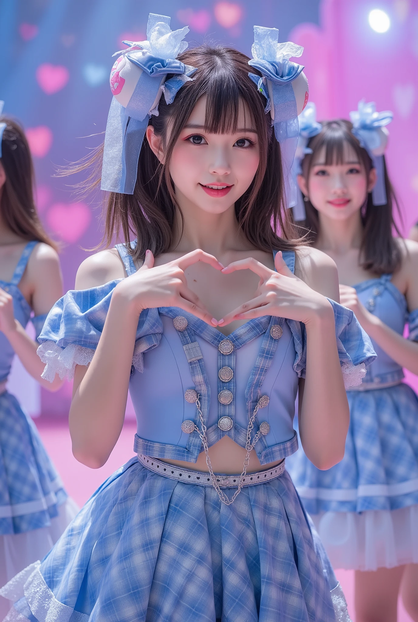 (extremely detailed, score_9, score_8_up, score_7_up, Very detailed, Detailed, Sharp focus, 8K UHD), Realistic full-body photo of a petite and very young Japanese woman, (((Full body costume visible, thick legs visible, chubby woman))), Big smile, detailed facial depiction, detailed eye depiction, large eyes with double eyelids, thick lips, black hair, black pupils, (((Small breasts, leaning forward pose, showing off cleavage-free chest, using both hands to make heart shape with chest))), Idol singer wearing frilly blue stage costume singing on stage with microphone in hand, (((Holding hand microphone in right hand))), Members of idol group wearing matching costumes behind her, vivid and colorful lighting, cute stage with hearts scattered all over, very fantastical, depth of field photo, princess cut with blunt bangs, looking at the viewer.