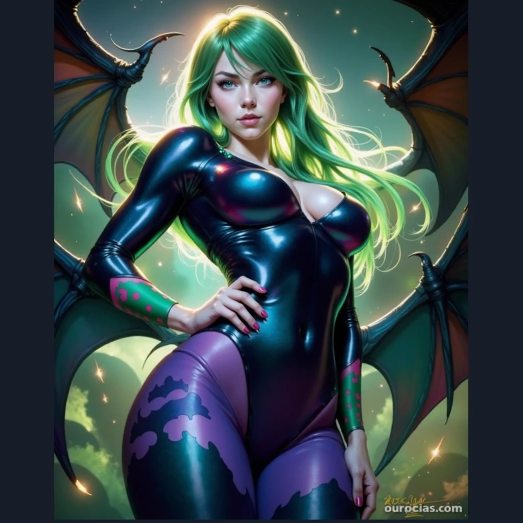 Unmatched masterpiece, ultra realista 8k CG, perfect work of art, (1girl: 1.1), 独奏, ((perfect female figure)), full body character looking at viewer, there are clouds with lightning and stones in the background, mature woman, Bimbo (Morrigan Aesland with full-body, Long green hair with bat wings on the head, purple tights with bat designs , (burlas), best qualityer:1.1, Dynamic Heroic Pose, she has hands with lightning powers, pose sexy, seductiv, (pretty), (curvilinear), (big), russet hair, (blue colored eyes :1.2), , J. Scott Campbell, invisible woman, J. Scott Campbell, comic book character, comic book art, comics style art, turned legs, fit, (abs:1.1), (Big butts:1.4), peach ass, (bountiful breasts:1.3, (big_breasts: 1.1), Broad Hips: 1.5, narrow waisted, Waist slender: 1.5, slenderbody: 1.2, coxas bigs: 1.he&#39;s brilliant: 1.2), (hdr), (Street: 1.2), film Nikon D850 photography Kodak Portra Lens f1.400 camera 6, rich colors, realistic texture, lighting dramatic, unreal mechanism, trending on ArtStation, of Gerald Brom, de Frank Frazetta, by Luis Royo, the Julie Bell, de Boris ValleJo