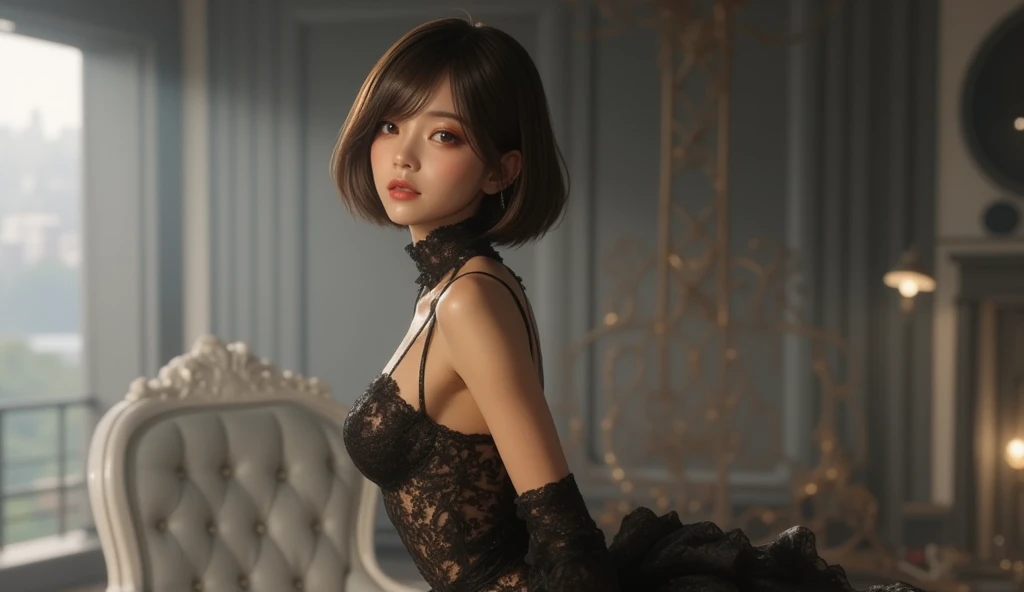 masterpiece, beautiful girl, detailed, Beautiful Eyes, (.:1.6)、Highest quality, 超High resolution, (reality: 1.4), Original photo, One Girl, Cinema Lighting, (Laughter:0.6), Japanese, Asian Beauty, Korean, Proper, Truly beautiful, A slightly younger face, Beautiful skins,、 slim and small breasts, It makes your body look beautiful(((Wear lingerie:1.6)))、High leg、See-through、Night view background, (超reality的な), (Raise awareness), (High resolution), (8K), (非常にdetailedな), (The best Raise awarenessns), (Beautiful and detailed eyes), (超detailedな), (wallpaper), (detailedな顔), Looking at the audience, 細かいdetailed, detailedな顔、Deep Shadow、Inconspicuous、Pure erotic face ace_v1、46 point diagonal bangs、Look straight ahead、I can see her small breasts, Flat Chest、Eye color: black、Silver Hair、