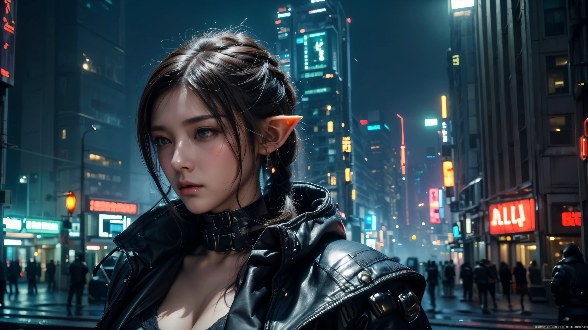  masterpiece,in your own home,high resolution, 8,000,(Portrait Photos:1.5),(R Original photo),REAL PICTURES,Digital photography,(Cyberpunk style city streets，Bustling city streets，Neon sign，After the Rain，Mist),(Female elves), 20 year old girl, random hairstyle,Through Bangs,(  Big Breasts ，Keep your mouth shut，Accessories,Keep silent,Elegant and charming ,Serious and arrogant,Calm and handsome,(a combination of cyberpunk and fantasy style clothing,Hollow design,Combined Armor,Photo poses, Realisticstyle,  oc rendering reflective texture ， Upper Body Lens ，looking at the camera
