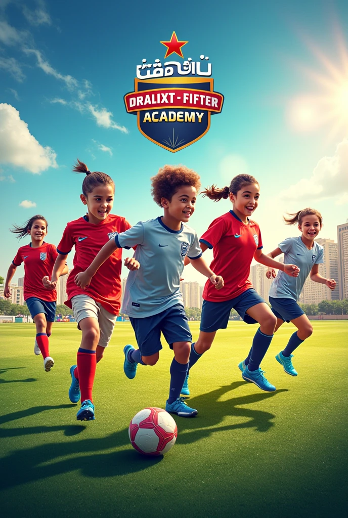 happy little children in red, blue and white T-shirts are playing happily on the field. There is an inscription on the T-shirts "Hilton"