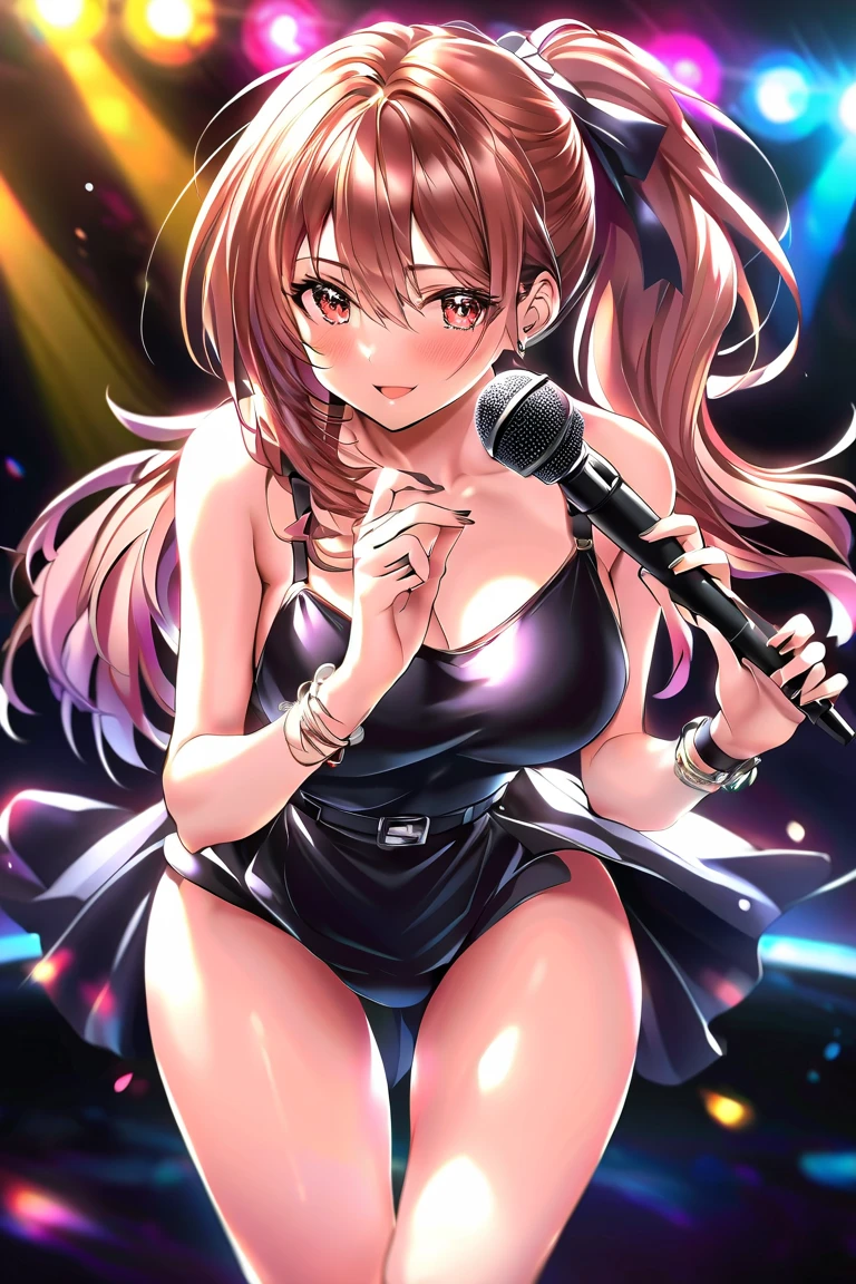 High resolution, high quality, One girl, Anime Girls,((At a live music venue)),stage,confetti,Idol,((sing)), Long brown hair, Brown eyes,heart shaped pupils, Green glasses, Sunburned skin, Super big breasts,beautiful breasts, (Big Ass),beautiful ass,Idolコスチューム,mini skirt,Laughter,Low Angle,Groin tattoo,glowing tattoo,