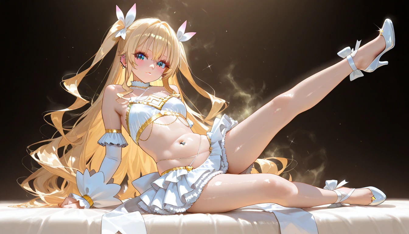 ((masutepiece, best_quality)), (Photorealistic:1.4), Solo, 1 girl, white_Background, white_hair, long_hair, zettai_ryouiki,(A large yellow ribbon accessory on the back of the head), (Rolled up sleeves), toggle button pin buckle, Mini pleated skirt with slit in the front), outline nipple can be seen through the clothes, Areola bulge, heel boots, Belly, Crotch gap, Cameltoe ,Shiny skin, Sweaty skin, nose blush, belt underboob, under the boobs, Long legs, small thigh, Mix in the, orange & Yellow combination NSFW