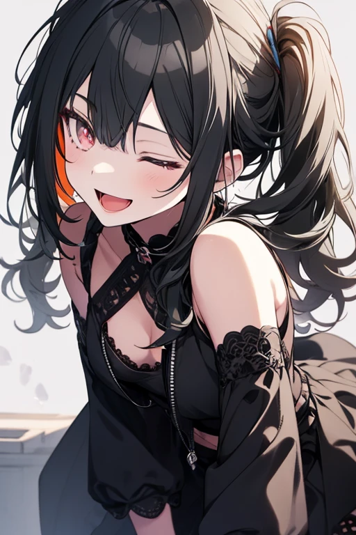 looking ahead,from above,slouch,handjob,side view,face focus,open mouth,tongue out,cum on tongue,Licking the penis,(1girl,Beautiful 14 year old girl),((Slender,Small breasts,Baby Face,Small face,)),looking at viewer,Black Hair,bangs,two side up,Gray Eyes,Drooping eyes,slit pupils,narrow eyes,collarbone,black t-shirt,off-shoulder look,Black and red checkered short skirt,Beautiful and detailed anime art,Mischievous smile,Dimly lit room,Simple Background,Gray background,Low lighting