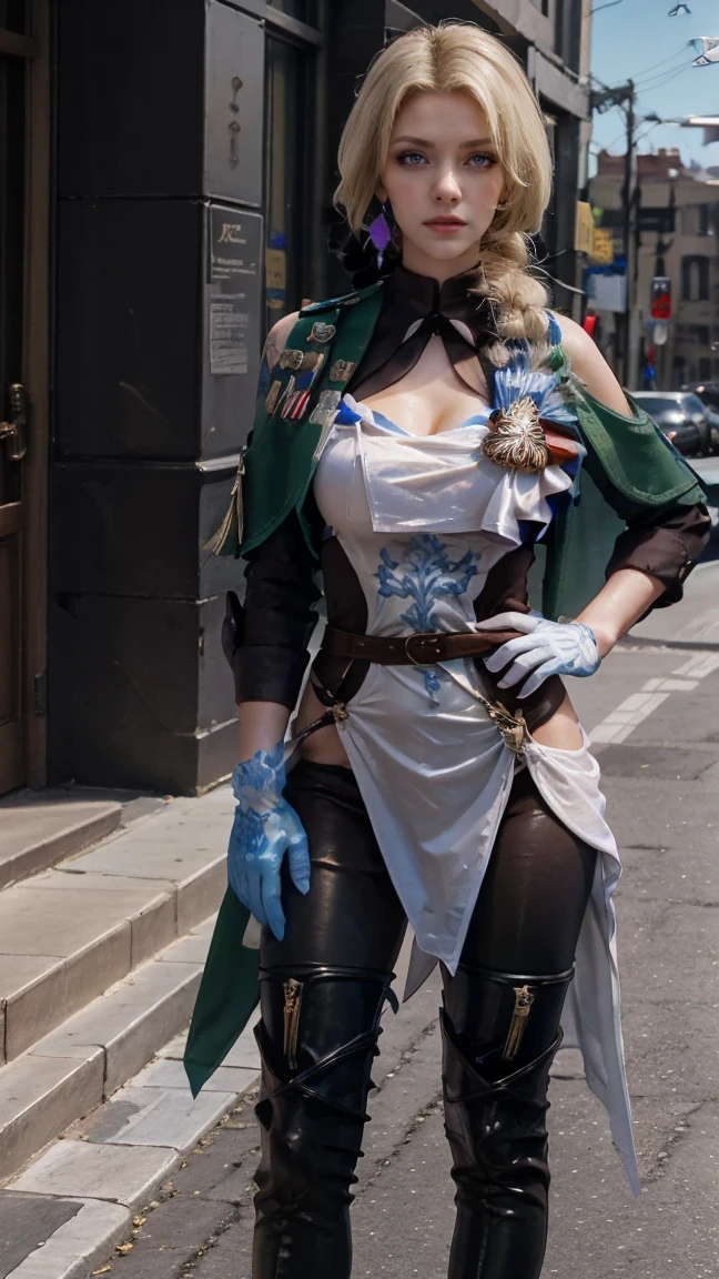 (masterpiece, best quality, ultra detailed), ultra realistic, half body, younger,<lora:aiBeautyIthlinni_ithlinniV1:0.3>
large breasts,  pikkyvanica, 1girl, solo, eyepatch, tiara, crown, fur trim, thighhighs, thigh boots, boots, belt, cape, jacket, vest, harness,  <lora:Vanica:1>, Standing, pretending to hold a bouquet of daisies, outdoor