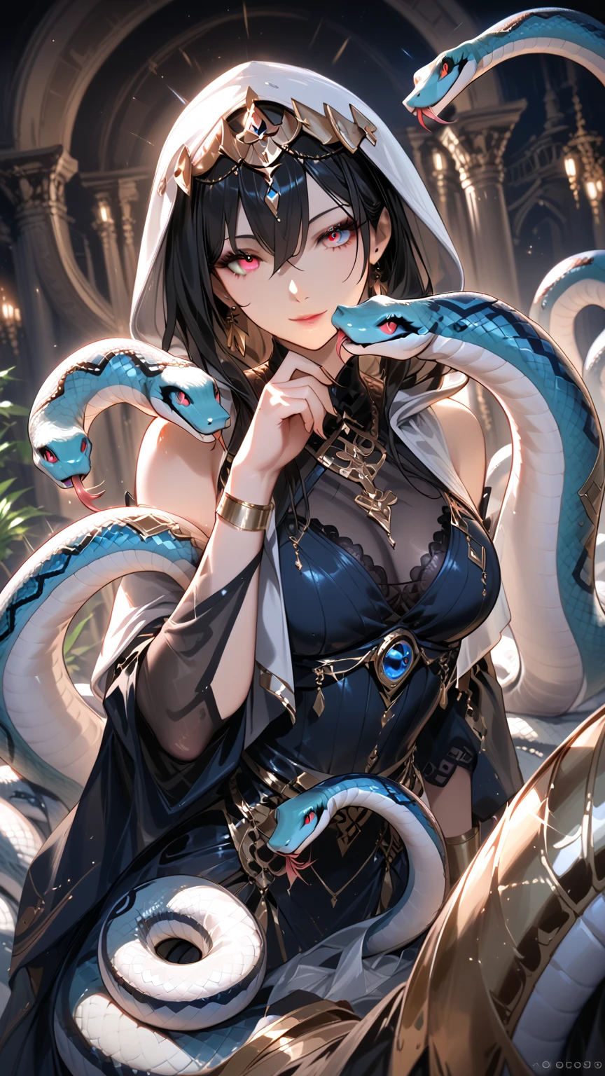 A beautiful woman with delicate features stands before an ancient ornate mirror, her pale skin decorated with serpentine patterns, long dark hair framing her striking features, dark eyes gazing back. She wears a tattered dress accentuating her generous curves. The dimly lit room casts mysterious shadows as she caresses her skin, her expression a mix of ecstasy and power. The mirror reflects her beauty and monstrous transformation. (best quality,4k,8k,highres,masterpiece:1.2),ultra-detailed,(realistic,photorealistic,photo-realistic:1.37),beautiful woman,pale skin with serpentine patterns,long dark hair,dark eyes,tattered dress,generous curves,dimly lit room with mysterious shadows,caressing skin,mix of ecstasy and power,ancient ornate mirror reflecting beauty and monstrous transformation,realistic style