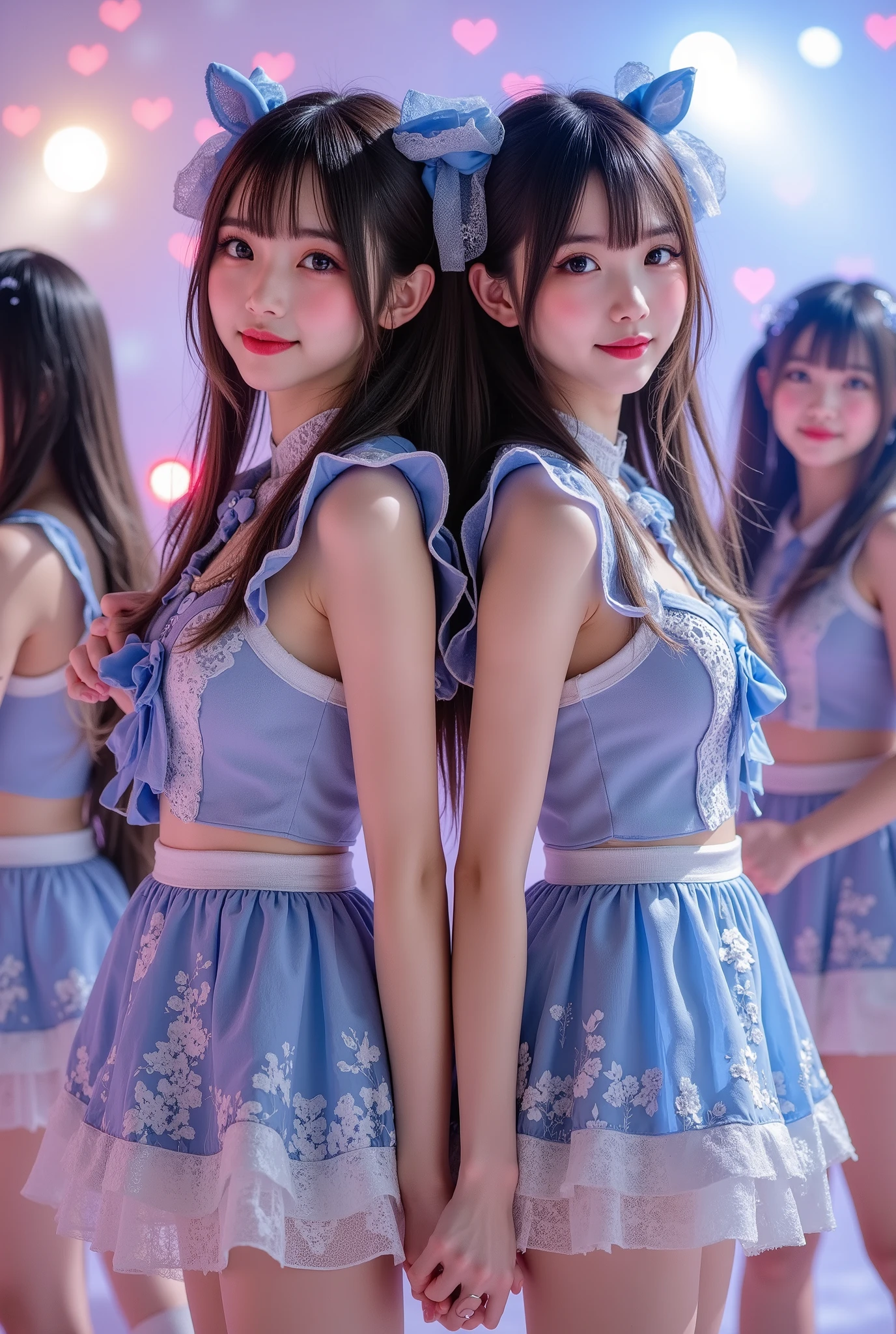 (extremely detailed, score_9, score_8_up, score_7_up, Very detailed, Detailed, Sharp focus, 8K UHD), Realistic full-body photos of two petite and very young Japanese women, (((Full-body costume visible, thick legs visible, chubby women))), Big smiles, detailed facial depiction, detailed eye depiction, large eyes with double eyelids, thick lips, black hair, black pupils, (((Small breasts, standing back to back in the center with only their faces facing the viewer, holding hands))), An idol singer wearing a frilly blue-based stage costume is singing on stage with a microphone in hand, (((Holding a hand microphone in her right hand))), Behind her are members of an idol group wearing matching costumes, vivid and colorful lighting, a cute stage dotted with hearts, very fantastical, depth of field photo, (The woman on the right has a short bob, the woman on the left has a hime cut), looking at the viewer.