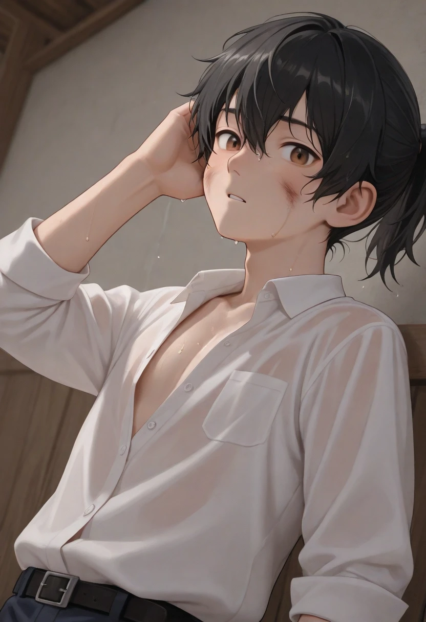 sexy boy, (((cute and wet white shirt)) ), extremely detailed, hyper detailed, (((perfect face)), soft lighting, ((best quality)), cute face, (wet white semen ),(( 1 boy)),((fair skin, black hair, Shiny highlights on eyes, bulging crotch,His Chest are tingling,erotic.)),men, human ,only boy,((,thin body and cute)), horny boy,innocent boy,slute boy,bedroom, slim body, thin body, orgasm!,cum,erect penis,erection,bone-on,Men's underwear.