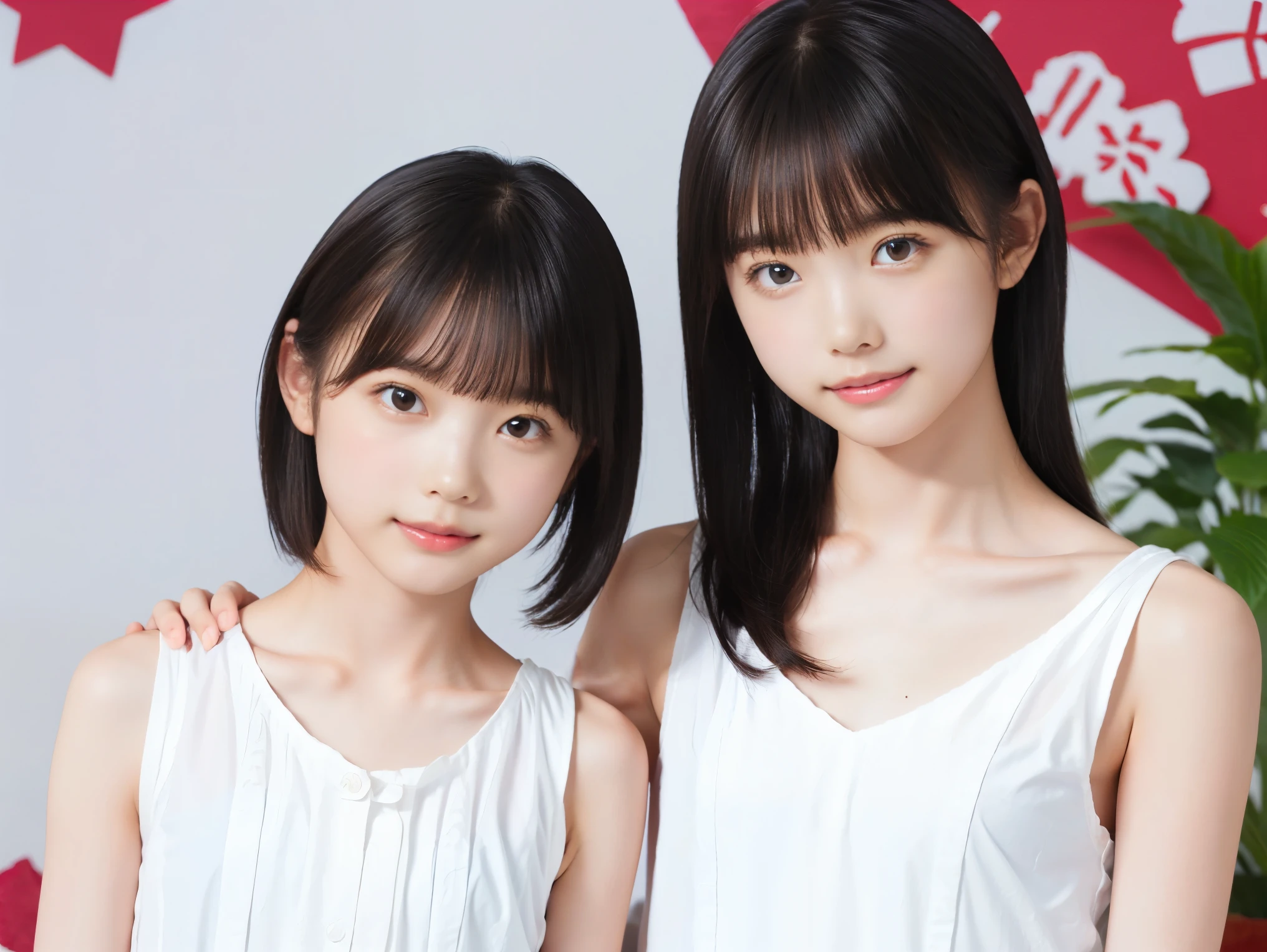 ((two girls)), (((flat chest:1.5))), (((white camisole dress))), (two toddler girls, short hair girl and long hair girl, in old apartment at late night, toddler), ((pale skin:1.3, toddler body)), (smile, baby face:1.3), red room, red wallpaper, narrow room, night time, (top-quality), Realistic, (real picture, Intricate details), natural skin texture