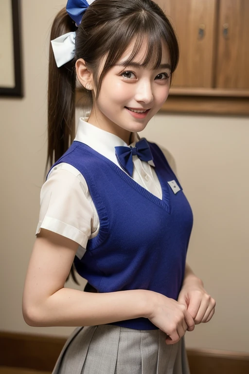 bright表情、Photorealistic:1.32、highest quality、超A high resolution、最も美しい日本のgirlの写真、Cute and beautiful face details、Small Face、美しいbangs、、Radiant, fair, glowing skin、Hair gets tangled in the face、(girl1Only people:1.3)、顔まで伸びるbangs、bangs、Hair between the eyes、Attractive brown silky hair、bright、Her clear eyes shine charmingly、Cute pose、highest quality、Disorganized、((The cutest girl in the world))、Japanese、((School uniform summer clothes:1.3))、(High waist pleated skirt)、Newest Brands、(Side ponytail hair:1.3)、(Tie with a thin ribbon)、Nice and cute、An innocent smile、nice smile、Cleavage、(Large Breasts:1.3)、(Posing cutely:1.3)、Brown Hair、Small waist、Detailed beautiful eyes、View your viewers、Upper Body、Close-up of face、Front view、