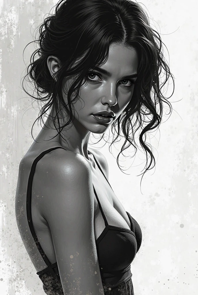 Black and white image, chiaroscuro, sensual, dramatic lighting, moody atmosphere, photorealistic, intricate details, masterpiece, ultra-detailed, high quality, 8k, best quality, realistic, cinematic, dark and brooding, expressionistic, powerful composition, emotional impact (art inspired in Bill Sienkiewicz). oil painting)
