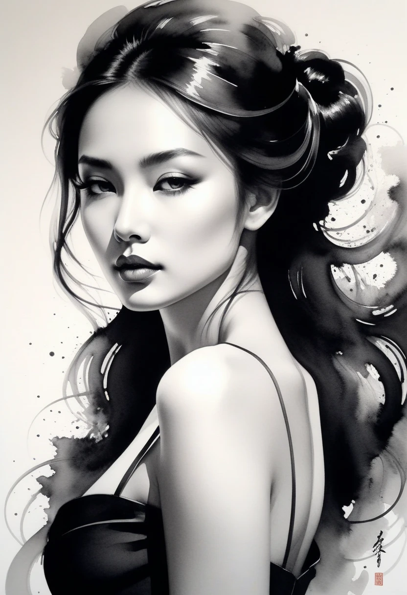Elegant maiden，black and white ink painting，pen sketch drawing，Loose brushstrokes，Pen outlines delicate lines，flowing action，Subtle ink tones，elegant posture，A peaceful expression，Delicate facial features，black and white，clean