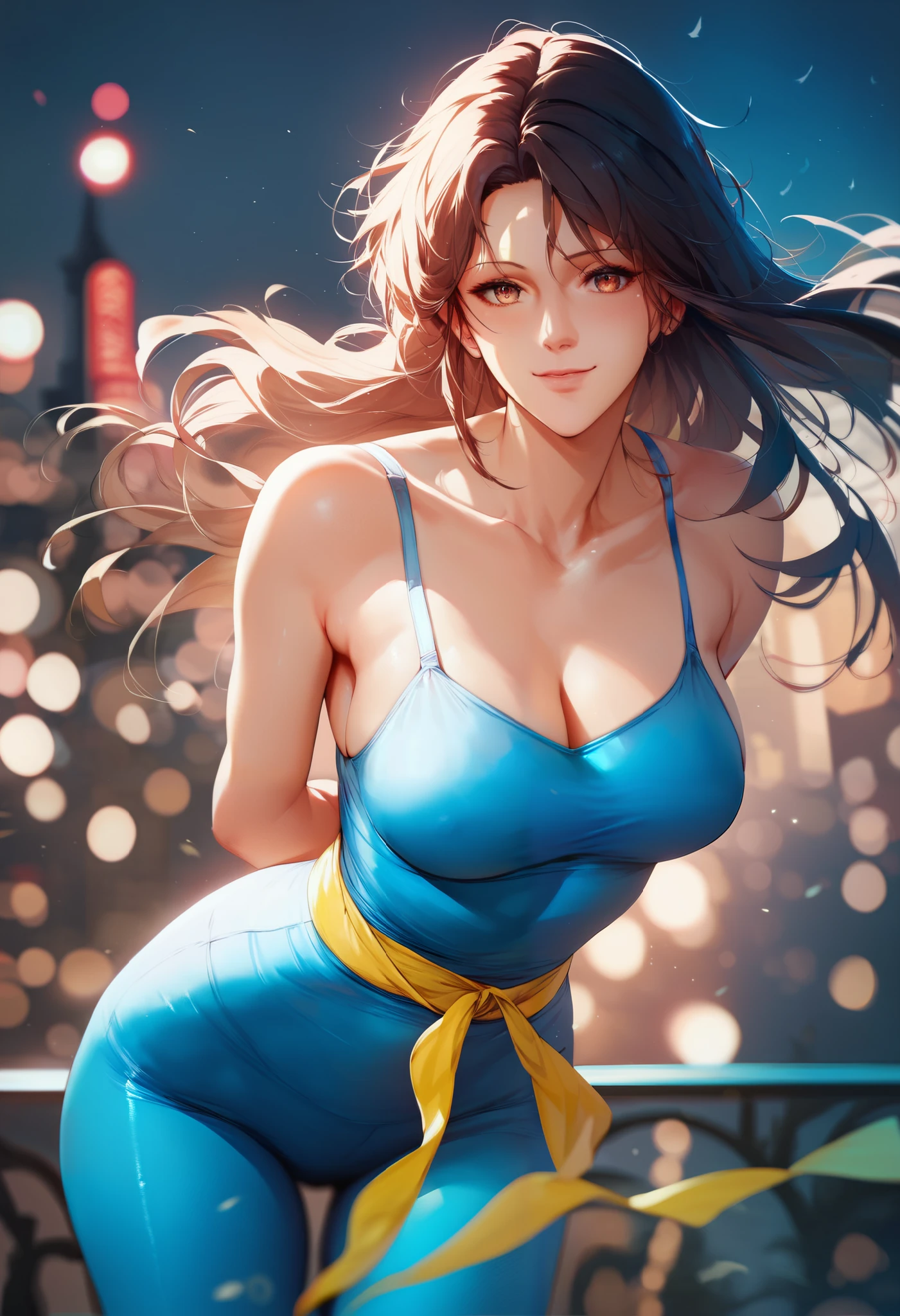 1girl,  ,tight clothes, blue tights, tied in a knot, yellow belt , длинный yellow belt , flutters in the wind, leaning forward, smiling, seductive, hands behind your back, Night, cityscape, blurred background, depth of field, lighting, BREAK check_9, check_8_up, check_7_up, check_6_up, check_5_up, check_4_up, source_anime, (High quality, in detail,  beautiful), brilliant, outstanding, contrasting color