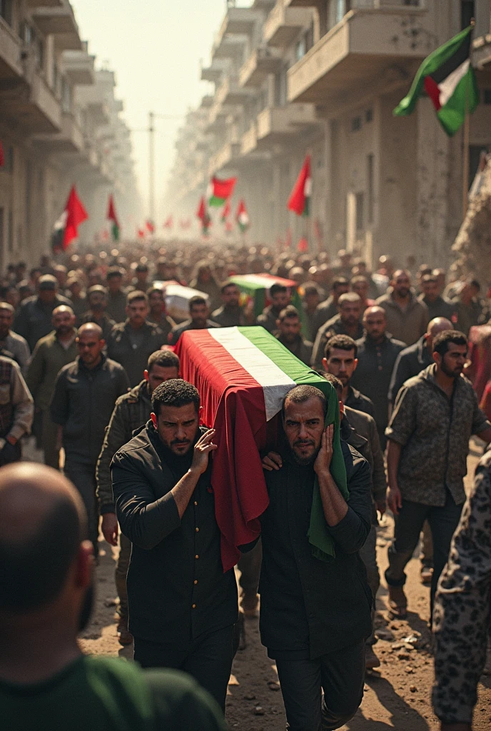 A powerful image from an old camera of a martyr’s funeral procession in Qom. The casket, draped in the Iranian flag, is carried by a sea of mourners, Iranian men and women in hijabs, their faces marked by grief and determination. The sky is overcast, with the crowd moving solemnly through the streets. The photograph’s slight graininess and muted tones reflect the somber mood and the time period.
