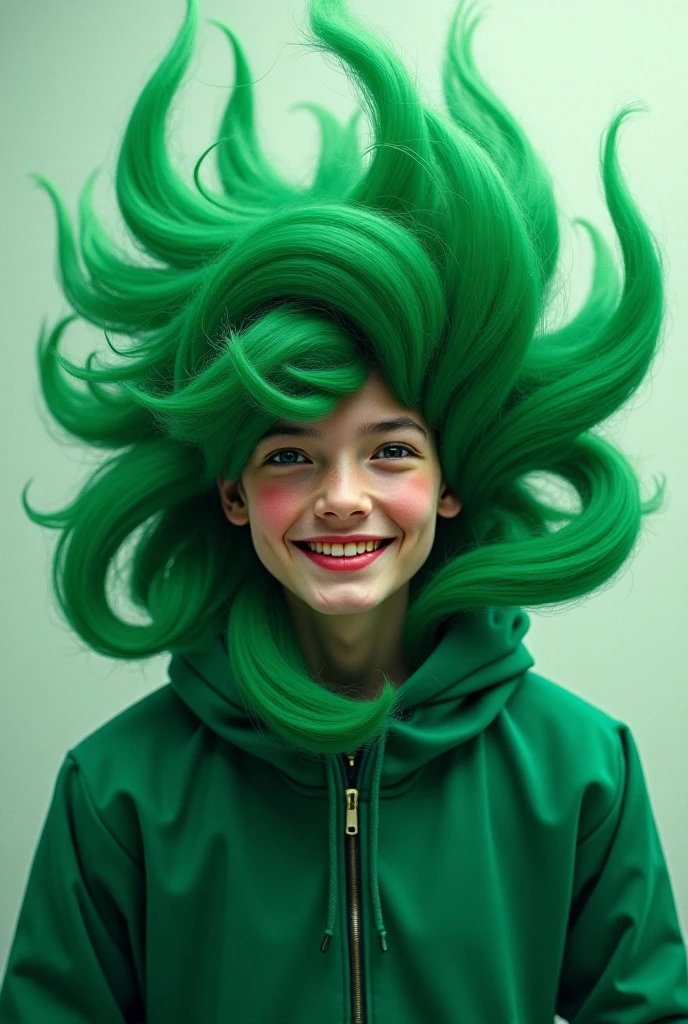 A boy with yellow eyes and glasses, freckles and green hair, with a happy expression,