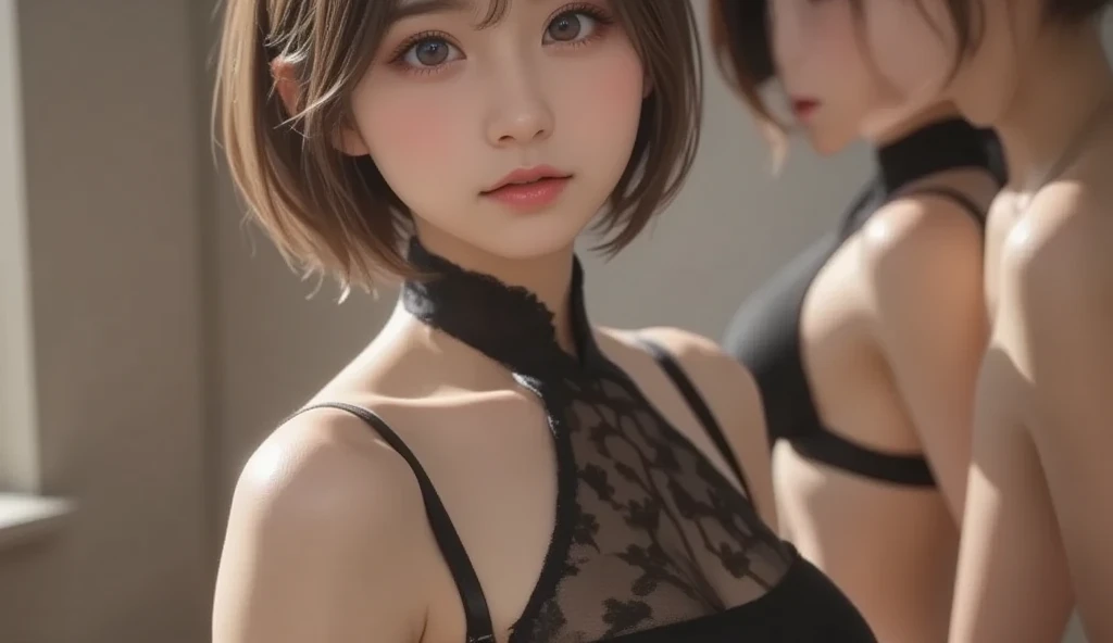 Masterpiece hyperrealist & Photorealistic beautiful girl, Realistic Skin (Pore-filled skin) Short Bob Cut Hair, Realistic red lips,Punk Girl, (head shot:1.5),Shorts