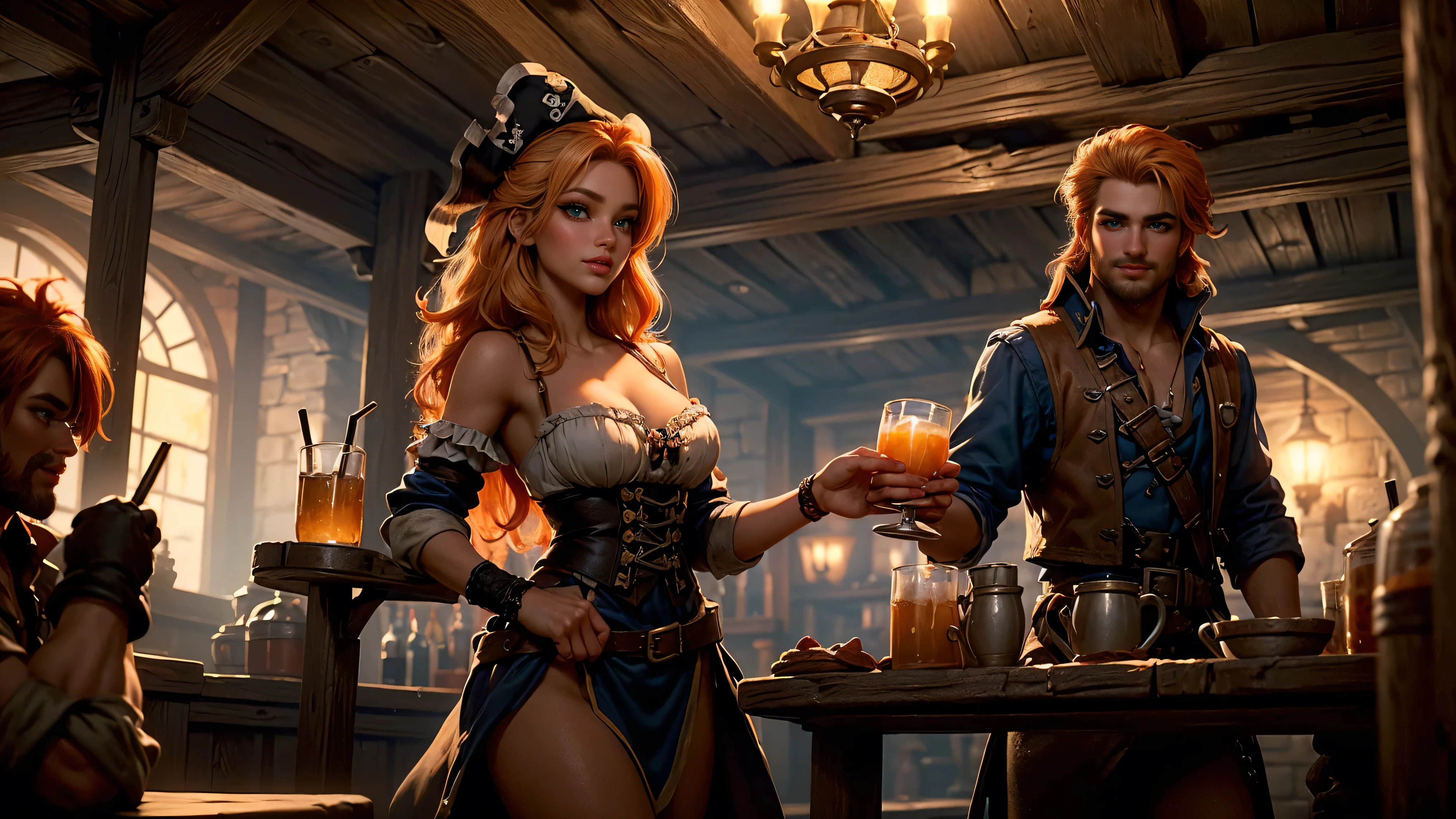 ((tavern and brothel filled with men)), ((1 redheaded tavern wench serving drinks to old pirates)), ((messy hair, orange hair)), ((1 serving girl)), ((solo girl)), ((ager)), (()), ((littlegirl)), ((Smiling)), ((little)), ((dark tan skin)), ((cute girl)), ((she is serving the pirates)), ((pirates are lusting after the girl)), ((pirates are large burly men)), ((pirates have dark hair)), ((men have blonde hair)), ((men wearing pirate cloths)), ((unshaven pirates)), ((she walks to the tables carrying tankards)), ((the men can't help but stare at her beauty as she walks by)), old tavern, pirate tavern, pirates holding and drinking tankards of ale,