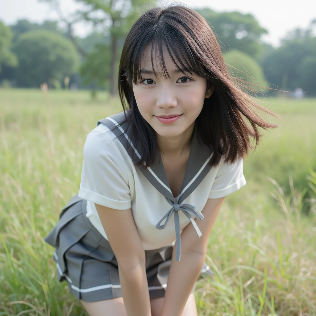 Pure Japanese school girl, sexual temptation, outstanding body, beautiful legs, natural short hair, wearing uniform, panty, sweet smile, sitting and relaxing on grass, refreshing in early summer park, composition from the front,