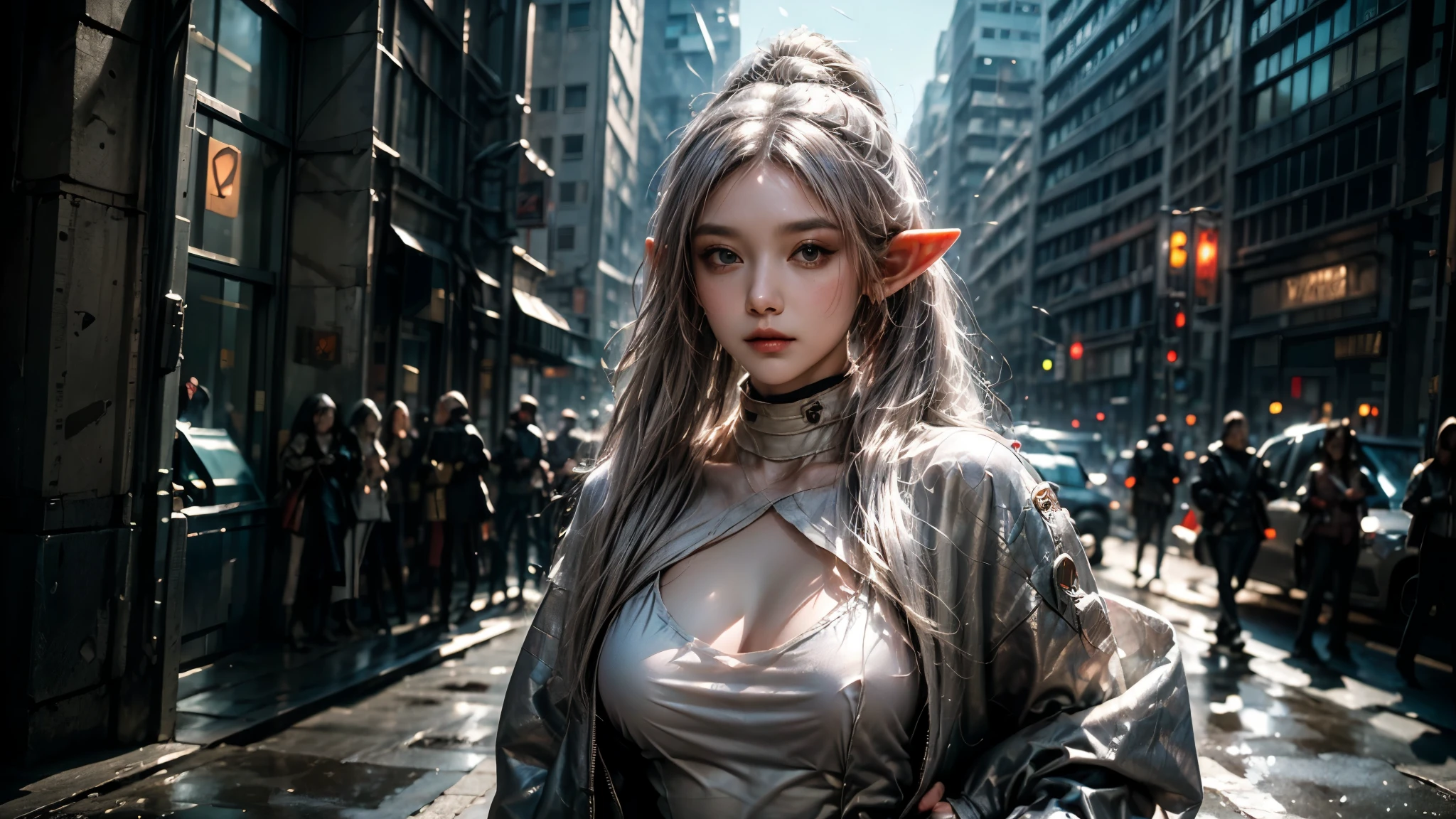 Ultra-detailed complex 3D rendering of the face, (masterpiece, top quality, octane rendering,), glamour shots full body image, very beautiful young elves, cleavage, (highly detailed skin: 1.2), (exposure: 1.1), ((blue micro bikini: 1.95)))). , 8k, (((very soft breasts)), (((conspicuous large pink areola)), beautiful Caucasian woman with white skin with full soft breasts with big buttocks, one, long braided hair, big breasts, dynamic angles, (((huge breasts: 2.4)), ultra-realistic photos, ((((((silver hair)))), futuristic urban background, facial muscles, (((((detailed and glamorous silver crown)))), In the style of Marvel Comics, ArtStation Trends, Clear Focus, Intricate Details, Very Detailed, Detailed Green Eyes, Sharp Focus, Digital Rendering, Professional, Abs, Lip Gloss, Glossy Skin, Sexy Pose, Golden Tattoo All Over Body, Silver Pattern All Over Body, Silver Lame Skin, Gold Glitter Skin, Mansuji, Buttocks, Jeweled All Over the Body, with silver scales, silver hair,