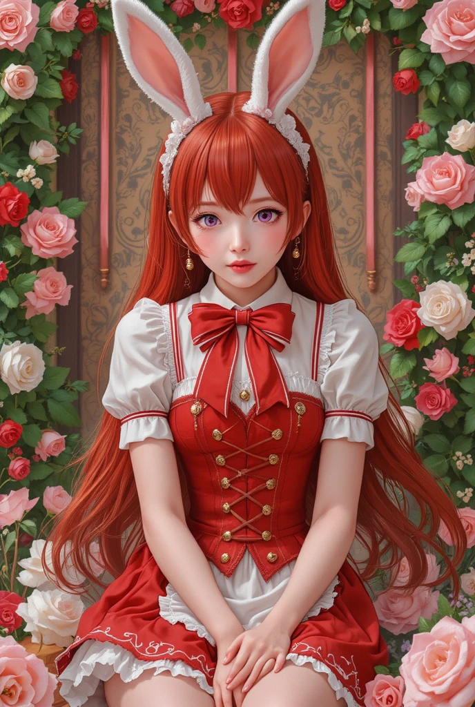 beautiful red haired woman wearing a maid's outfit, hd, cgi, 3d, digital art, magical, mansion in background, half-body, realistic up close