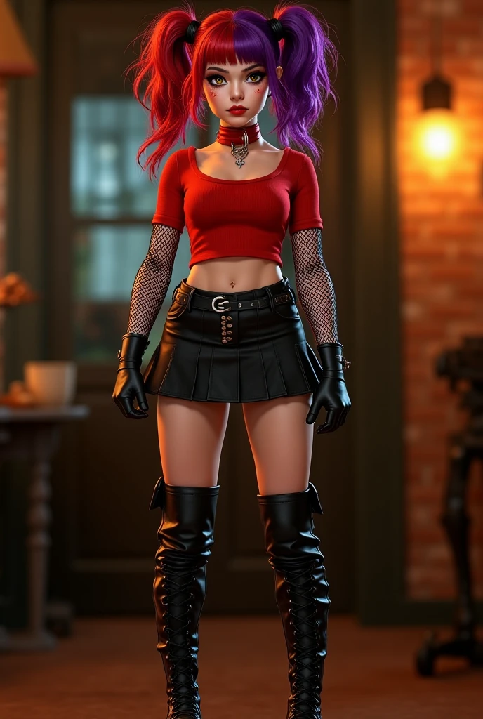 Render a highly detailed, full-body image of a female character wearing an outfit inspired by Harley Quinn. The character should wear a tight-fitting, two-tone costume, with one side red and the other side black. The top should be a cropped jacket with a diamond pattern on the sleeves, and the bottom should be matching shorts. She should wear fishnet stockings and high-heeled boots, one red and the other black. The character should also have a large mallet as an accessory, held casually over one shoulder. Keep the character’s body shape, facial features, and overall proportions exactly as they are. The hairstyle should be a split-dye ponytail, with one side pink and the other blue, but do not alter the face or skin tone. The background should be simple and neutral to focus attention on the character's outfit. Include some subtle makeup, like red lipstick, but ensure it matches the character’s existing face."