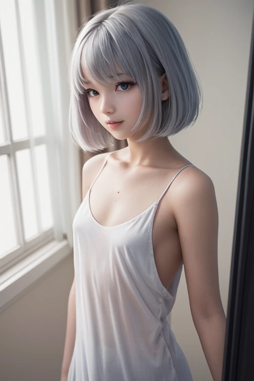 ((best image quality、highest quality、Super high quality 1.5、Super high quality 1.5、32K、In 8K、nffsw、RAW photo、very clear image、very clear image quality、that'It is the real thing like image 1.3))、blue eyes、embarrassing笑い、(ash gray hair)
、 chest、hairpin、High resolution、face with shadow、short hair、alone、Beautiful chest、、skin becomes shiny、、my eyes are moist
、sexy、embarrassing、feverish、Night clothes are white、night shop、clothes are white,<clothes are white>,(clothes are white)、See-through、get up