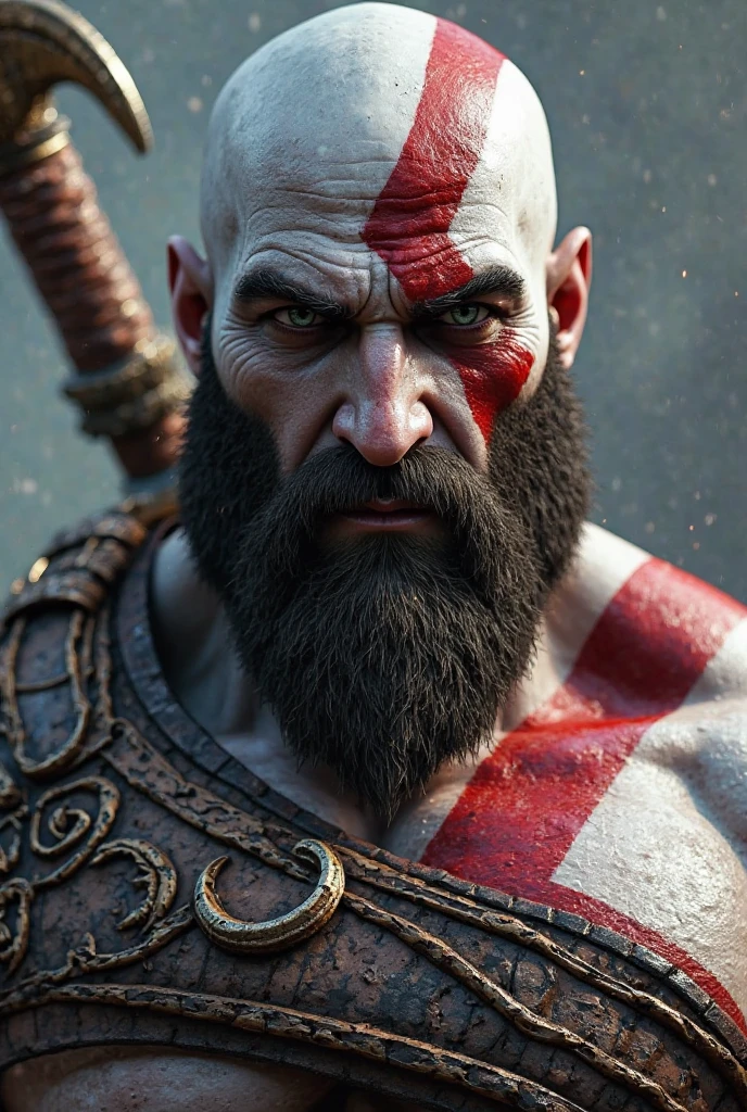 "kratos, main character of God of War, with their original swords, Blades of Chaos, generated with Unreal Engine 5.1, Rendered by Nvidia RTX GeForce 4090 and Processed by Intel Core i9-13900K. The armor is dark and worn, with leather and metal details. The swords are identical to the originals, with its distinctive design and serrated edge. La cara de kratos es igual a la oficial, with a serious and determined expression. The eyes are blue and penetrating. he is bald, with a completely shaved head. The lighting is dramatic, with deep shadows and intense lights. The background is blurry, with a landscape of mountains and cloudy sky. The image is hyperrealistic, with extremely precise details and realistic textures. The look is cinematic, with a focus on action and character intensity."