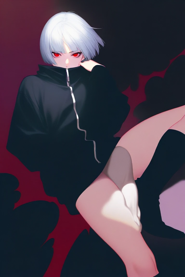 girl, large black sweatshirt, sitting posture, calm look, a dark room, evil eyes, glowing skin, Looking ahead, facial expression