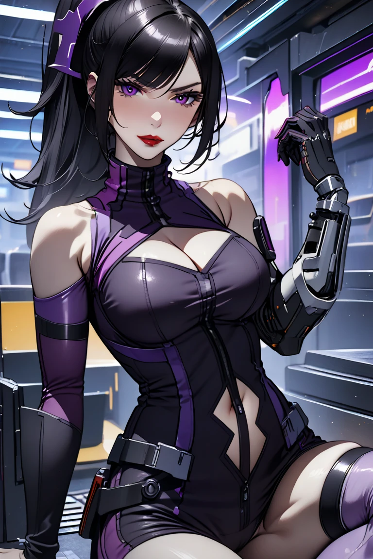 1girll，Gorgeous Hair in Long Purple，Purple jumpsuit，Tattooed with，There is a red rope around the waist，purple boots，Thigh leg rings，Left-handed katana，The right hand releases a purple energy glow，Hands full breasts, Convex buttocks, city ruins，holy rays，A desert，Detailed background, Clothing details, perfectly proportioned, filmgrain, Fuji colors, lightand shade contrast, tmasterpiece, high detal, high qulity, A high resolution, Cinematic lighting, 8K, Textured skin, Super detail
