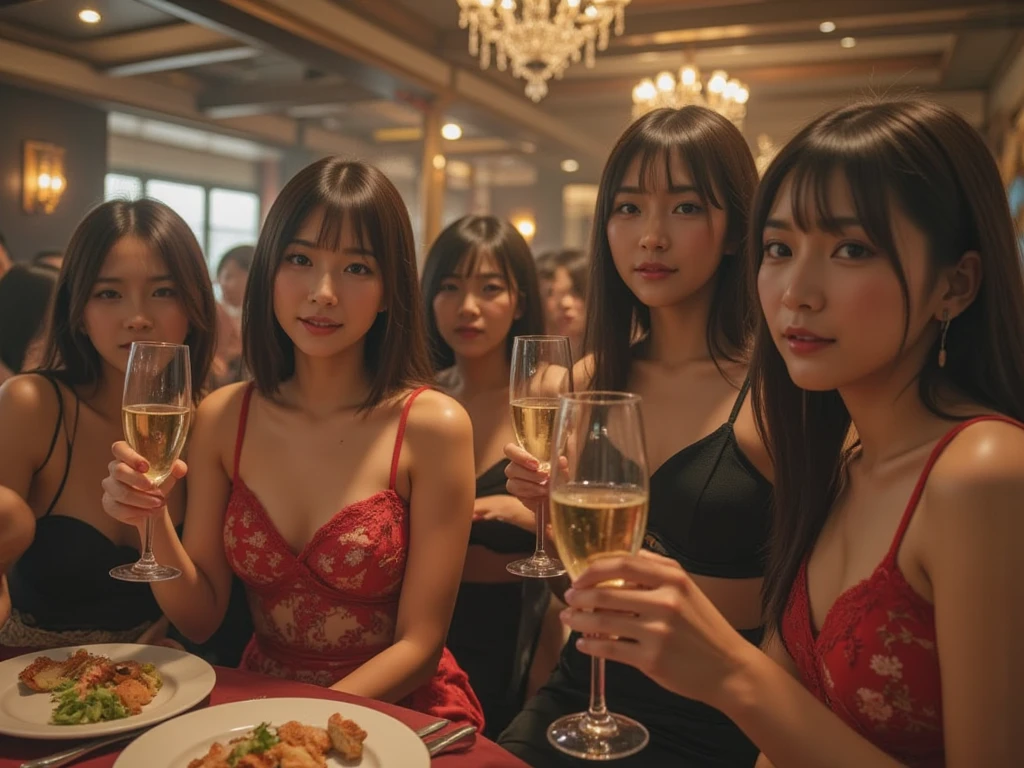 Best-quality, Masterpiece, Ultra-High-Resolution, (Photorealistic:1.4), Raw-Photo, Extremely-Details, Perfect-Anatomy,
at midnight, in luxury hotel suite,
many-girls, group-shot,
all members of the most famous Japanese idol group, ((all 12-years-old)),
having a lots of fun at drinking party,
(((all drank a lot of alcohol, all very completely drunk, all took a lot of cocaine, all high on cocaine, going crazy))),
all detailed extremely cute drunk faces, all detailed extremely big black solid circle drunk eyes, all detailed extremely beautiful colorful-haired, all detailed extremely beautiful white skins, all detailed extremely beautiful bodies, all detailed extremely beautiful breasts, detailed 1girl's beautiful cleavage, detailed glass of alcohol, detailed lots of illegal drugs on table