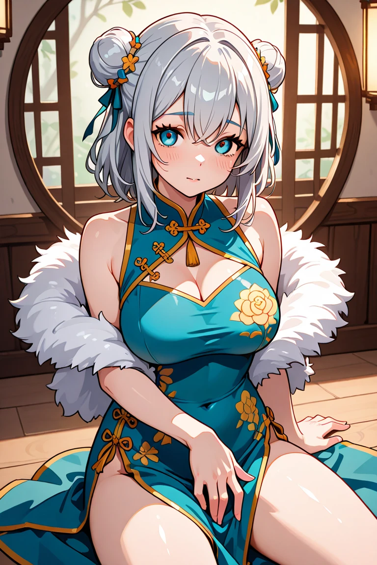 1girl、(((best quality)), ((masterpiece)), (details), masterpiece, best quality, high quality, ulutra detailed, perfect face, ((1girl, blue eyes, cat ears: 1.3 silver bob hair: 2.5,)) and ((Big white wolf sitting on my lap：2.1)) 、Shiny Hair、Glowing Skin、blush、Lustful look、Small breasts，Sidetiletto heels、China dress、Alluring expression，Chinese gorgeous outdoor background、