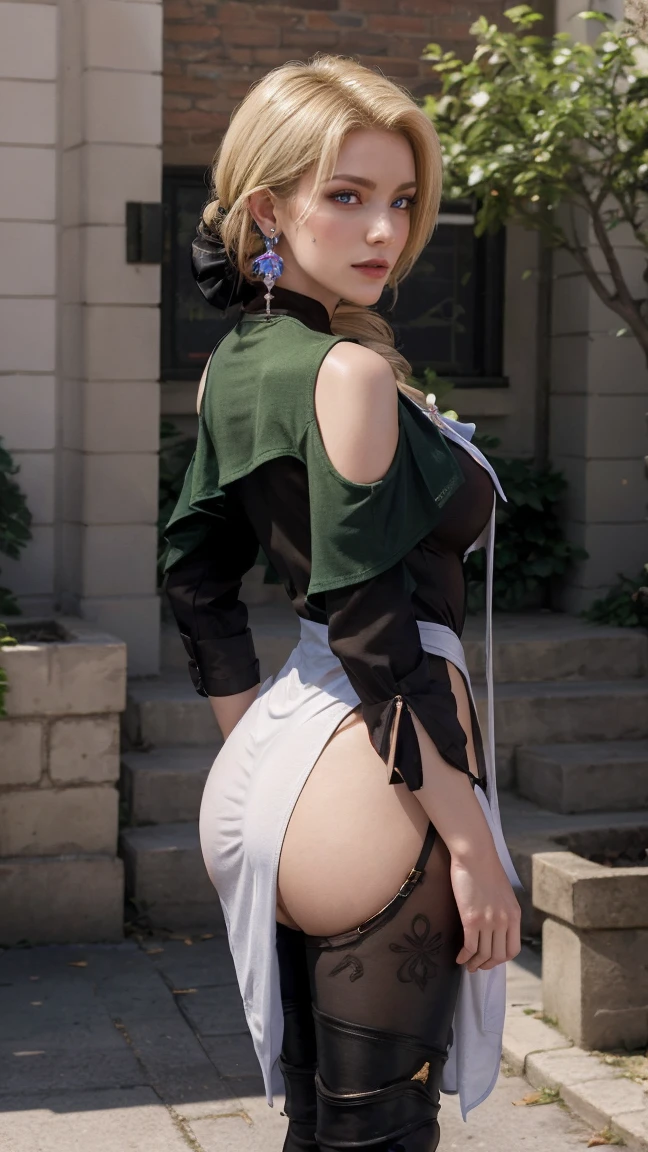 Photorealistic, high resolution, 1womanl, Solo, sit on chair, turn back, show her butt, view the viewer, (Detailed face), Hogwarts uniform, hogsks, Slytherin,blackstockings, white thong,