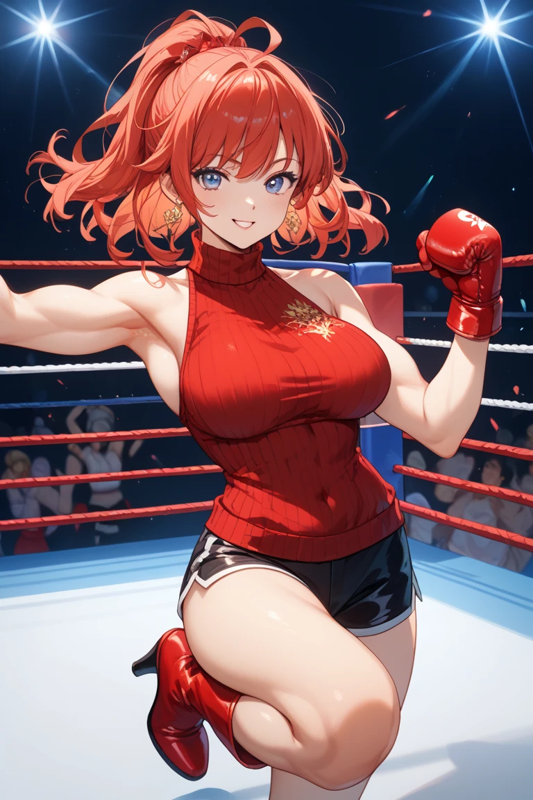 (((1 girl in red holding a large sign high in the ring at a boxing event with both hands))), 1girl, skirt, 独奏, smile, (Highest quality,4K,8k,High resolution,masterpiece:1.2),Very detailed,32-year-old woman、(((Mature Woman))), (((Mature Woman))), Best Bust、Large Breasts, Beautiful Eyes、Orange Hair、Moss green eyes、Red lips, ((ponytail)), (Drill Hair), ((amount)), Very cute face, Glossy Lips, Double eyelids on both eyes,Natural smile、Tight waist、Sexy ass、Natural Makeup, Long eyelashes, Shiny and smooth hair、whole body、Shallow depth of field