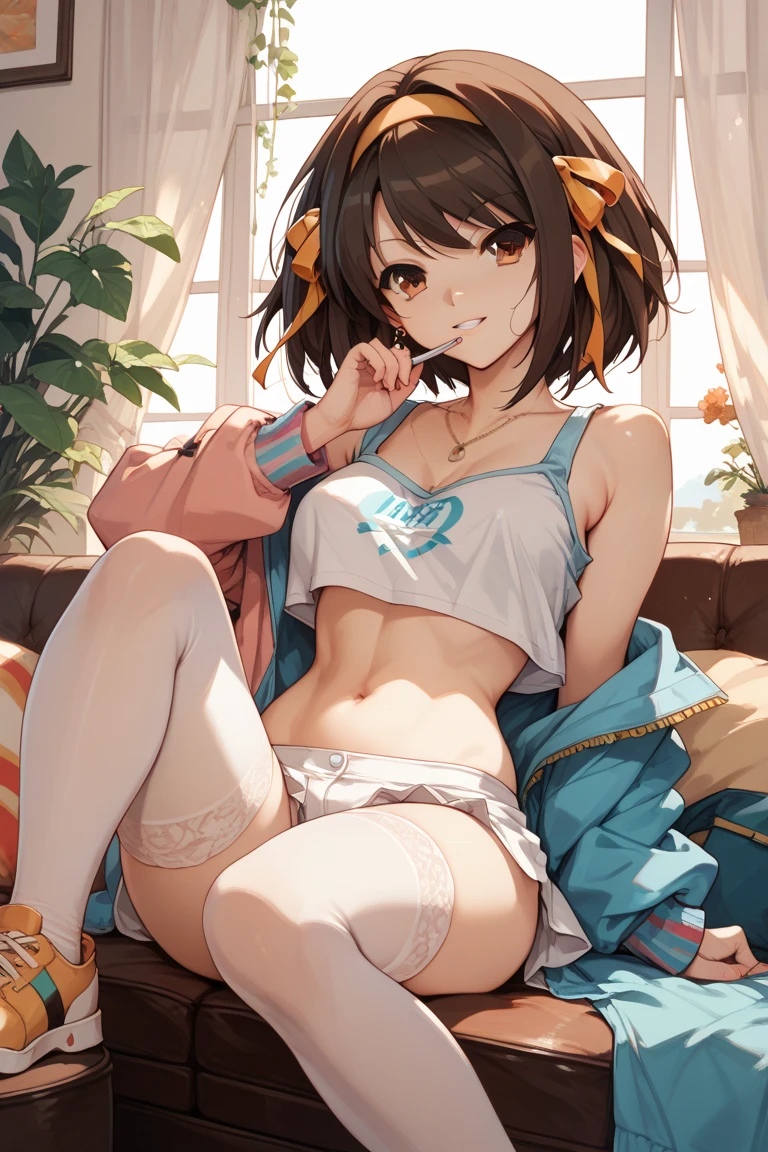 (Highest quality, 8K, masterpiece :1.3),Lizaリン・シュタウト(Lizaのアトリエ),Liza, One woman,Large Breasts,short hair,Brown Hair,hair band,Clothing,hat,White shirt,White camisole,Red shorts,Brown long boots,Full Nelson,Leg spread,nsfw,Plump body,Thighs