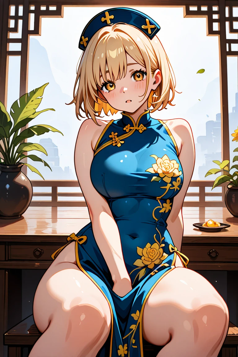 <lora:KiriIzumi-03:0.8>, kiriizumi, smile, open mouth,hair ornament, dress, cleavage, sitting, ponytail, short sleeves, :d, pantyhose, sidelocks, solo focus, indoors, cup, clothing cutout, blue dress, wavy hair, chinese clothes, cleavage cutout, china dress, butterfly hair ornament, lattice