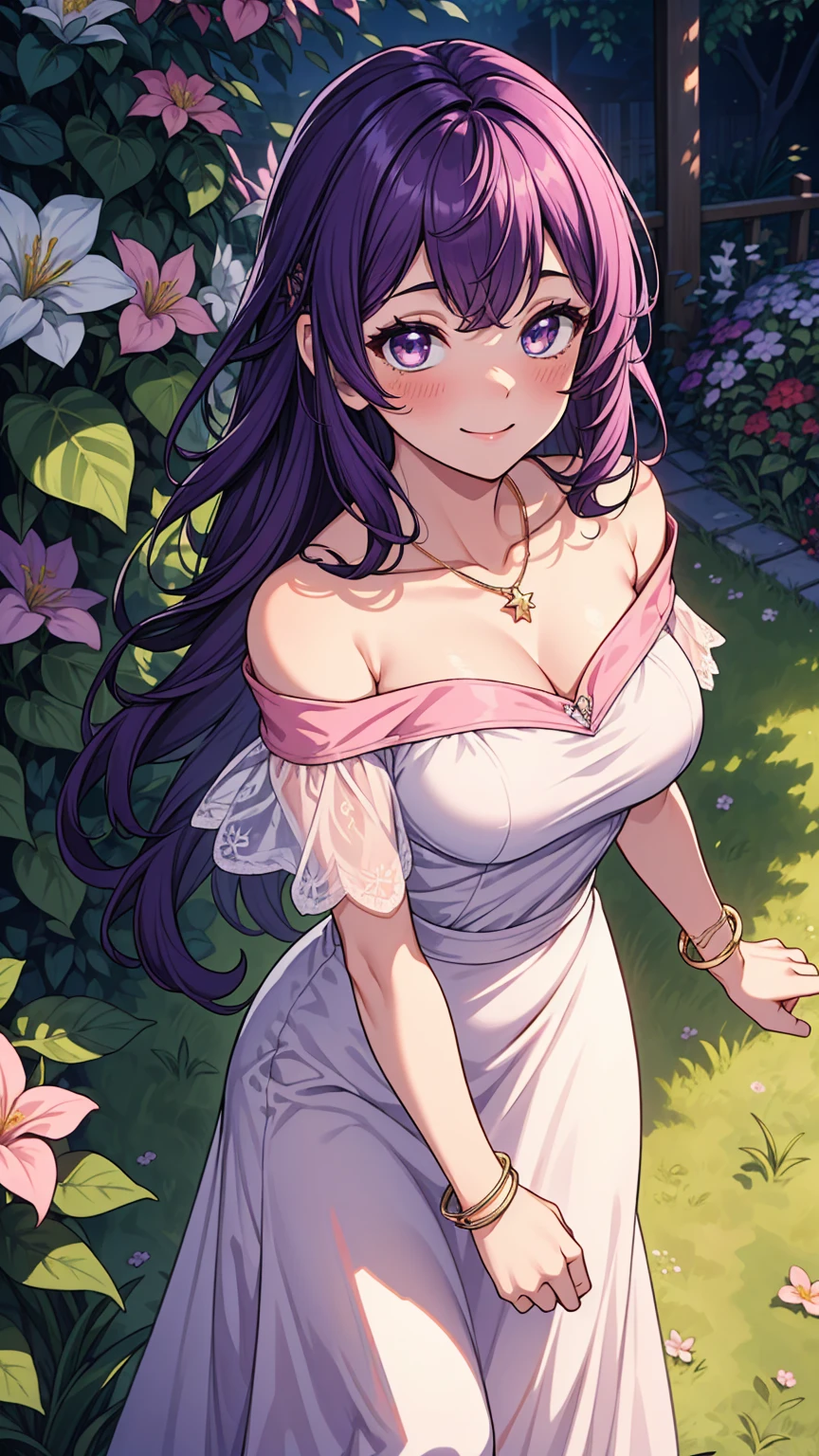 (High quality, High resolution, Fine details), BREAK (Large Ribbon Purple Dresses:1.2), BREAK soft and flowing dresses, romantic garden setting with blooming flowers, soft natural lighting, solo, curvy women, sparkling eyes, (Detailed eyes:1.2), smile, blush, Sweat, Oily skin, shallow depth of field