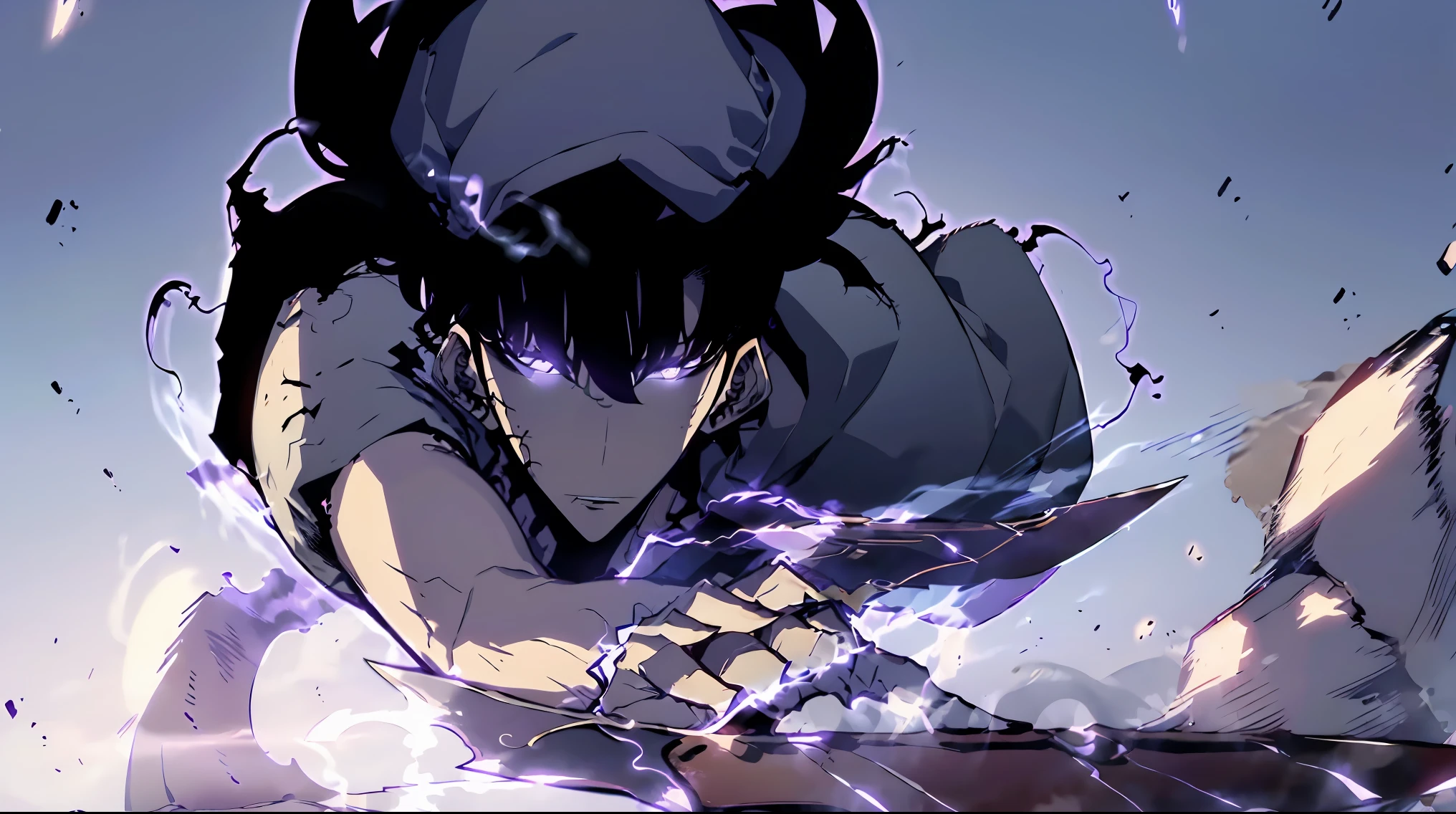 (1man:1.3) , 1boy, black hair , purple eyes , trained , White inner shirt, (navy hoodie:1.2), (solo:1.2), (have a short sword:1.2), (battle:1.2), cowboy shot, dutch angle, dynamic angle