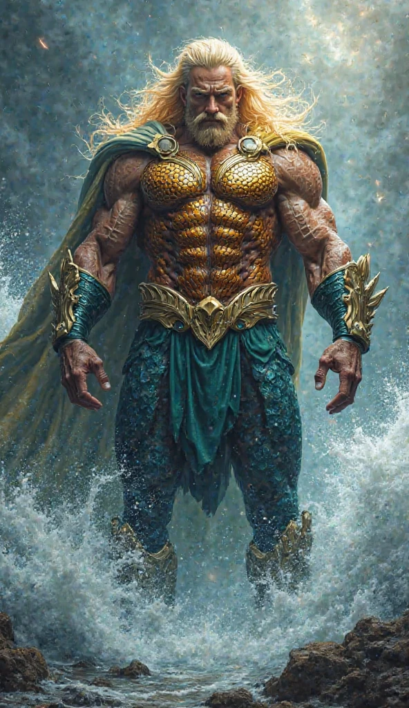 (Mature male:1.5), merfolk,((Solo)), ((The upper body is a human and the lower body is a fish)),The body of the fish replaces the legs,(((Wheat-colored skin))),(Blue-green scales),(Finned ears),Slag,musculous,vast pecs,Broad shoulders,Thick-breasted,((Bare upper body)),Huge crotch bulge,Smooth skin,Glowing skin,glowing light eyes,((tiara studded with gemstones)),brown hair,short detailed hair,the god of the sea,(holding trident), High- sharpness,High picture quality,tmasterpiece,Movie lighting,Skin with a real texture,hyperrealistic photo, ((full bodyesbian,in a panoramic view)),Underwater shooting,Background with:ocean floor,Surrounded by colorful fish,colorful coral,Colorful background,intricately details,Rich background