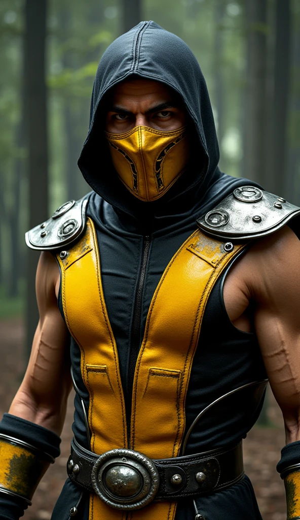 Hyper Focus Portrait, scorpion (mortal kombat) classic character costume without mask, eye white, realisitic, a very muscular body in the renatosphere, epic 3D realism, swollen muscles, large fists, best in wlop, kan liu, daz3d, trends in CGsociety, estilo realisitic hiperdetalhado, completo cosplay, by Ric Nagualero, album, hyung tae kim, 8k, irreal engine 5, film composition, retratos realisitics hiperdetalhados, 3D game art, CG Society, Fantasyart, hd art of season, estética realisitic, cinematic lighting, border light, smooth light, border light de filme, fine glow, ultradetailed, 8k, uso realisitic de luz e cor, cinematic light, rendered in cinema4d 500–1000 AD -- ar 3:4- Niji 6