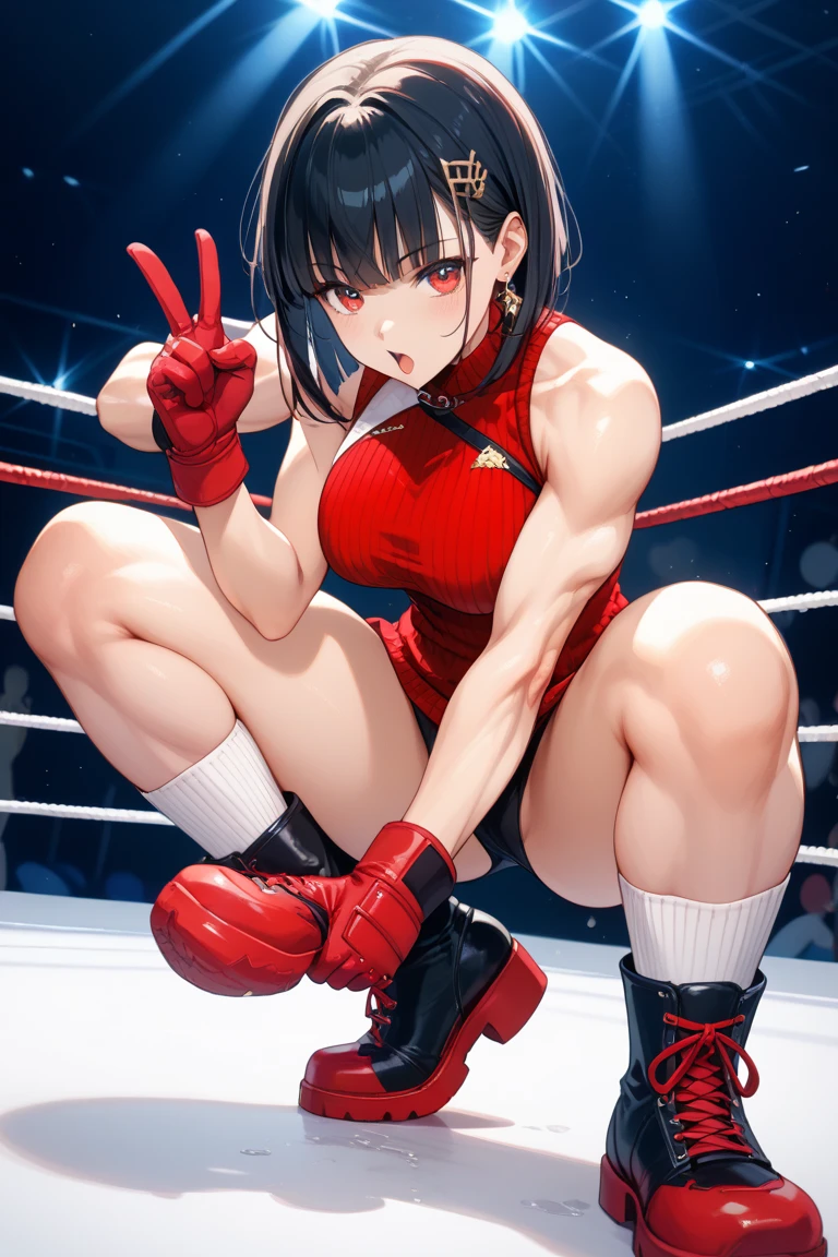 high quality, girl, Black straight hair, Red eyes, provocative,blush,Wearing cheongsam, Black garter stockings,high-heel boots,Wearing white boxing gloves, Hands in boxing gloves,Cleavage,,Long legs,Sitting in the ring