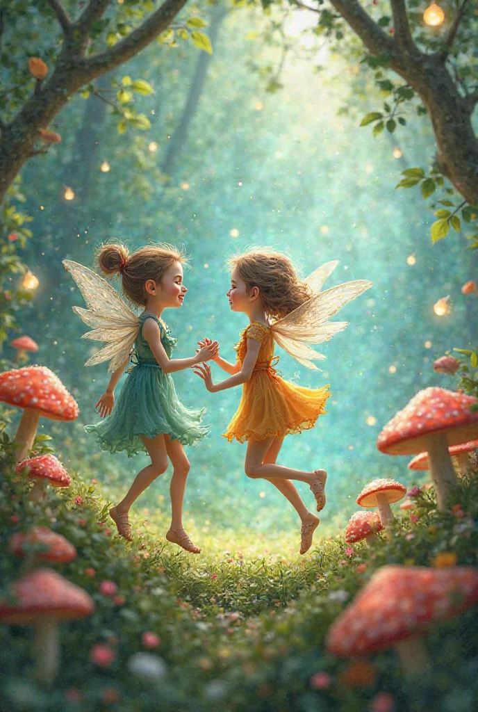 Two fairies playing water lily hopping