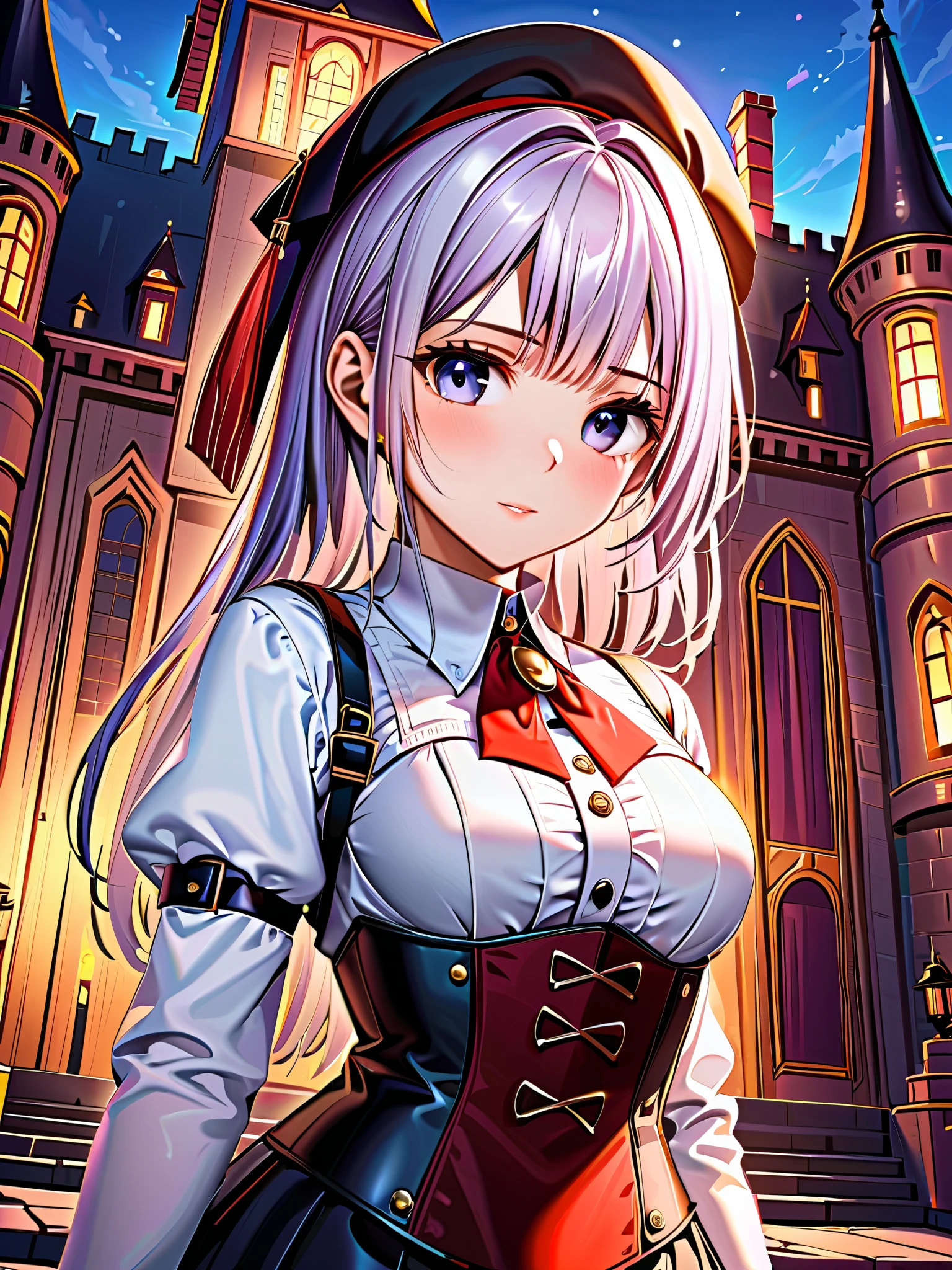 (((masterpiece)))、((top quality))、(very detailed)、(CG illustration)、(so beautiful ))、 cinematic lights in the evening 、((( 1 mechanical girl in a European castle)))、 SF、Apocalypse、Erotic and grotesque、graduate School(Beautiful and luxurious:1.2)、(1 girl:1.3)、facing the front, (Double Breasted,Underbust:1.2), button gap with,((( CORSET BELTS ))),(((high waist skirt,)))