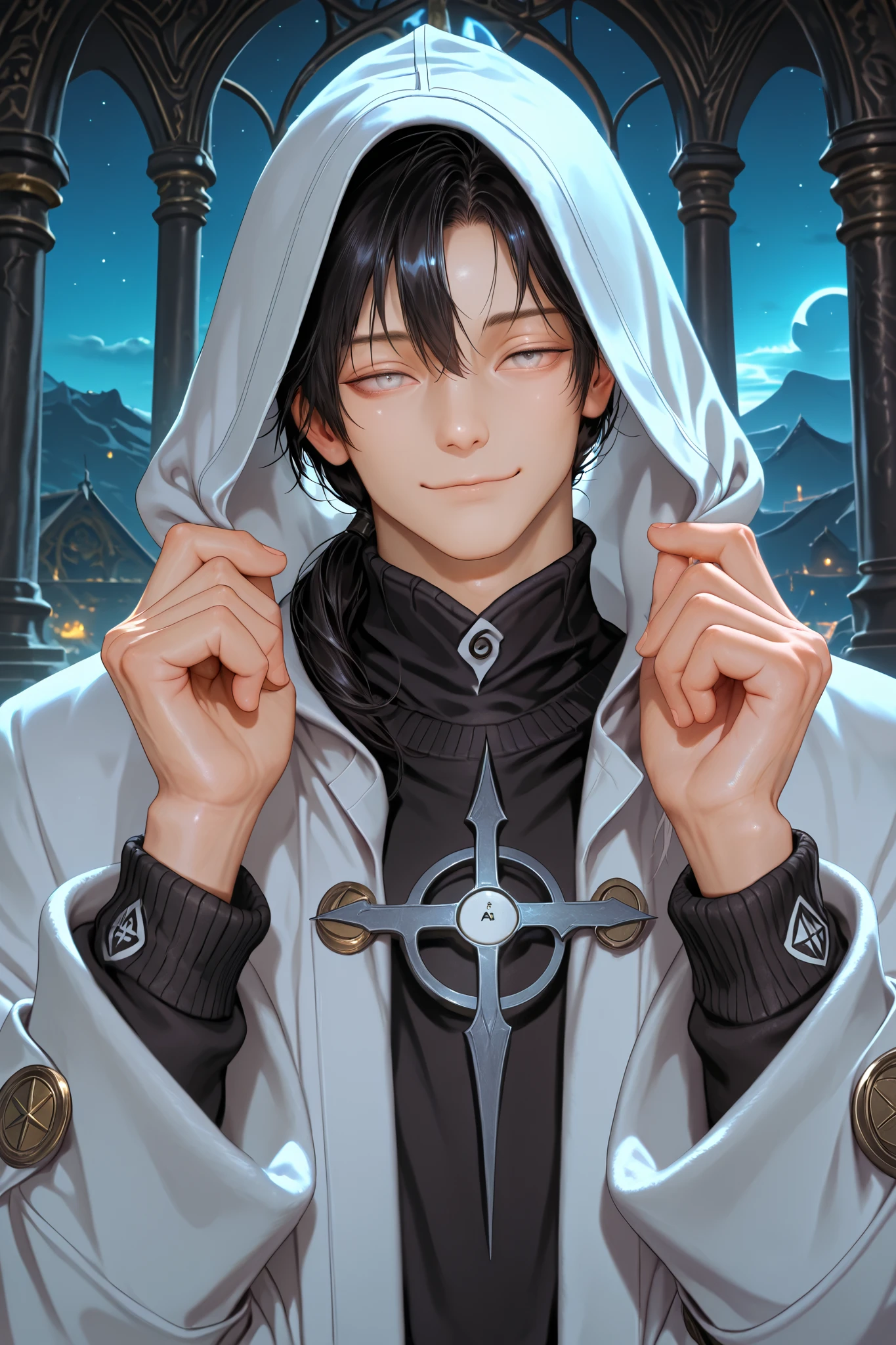 masterpiece, best quality, detailed eyes, semi realistic, 8k, boy, cool, small, white robe coat, black sweater, short black low ponytail hair, white eye, fantasy, solo character, wearing hood, fantasy temple background, night time, upper body, emotionless face, a bit smile, handing over to viewer