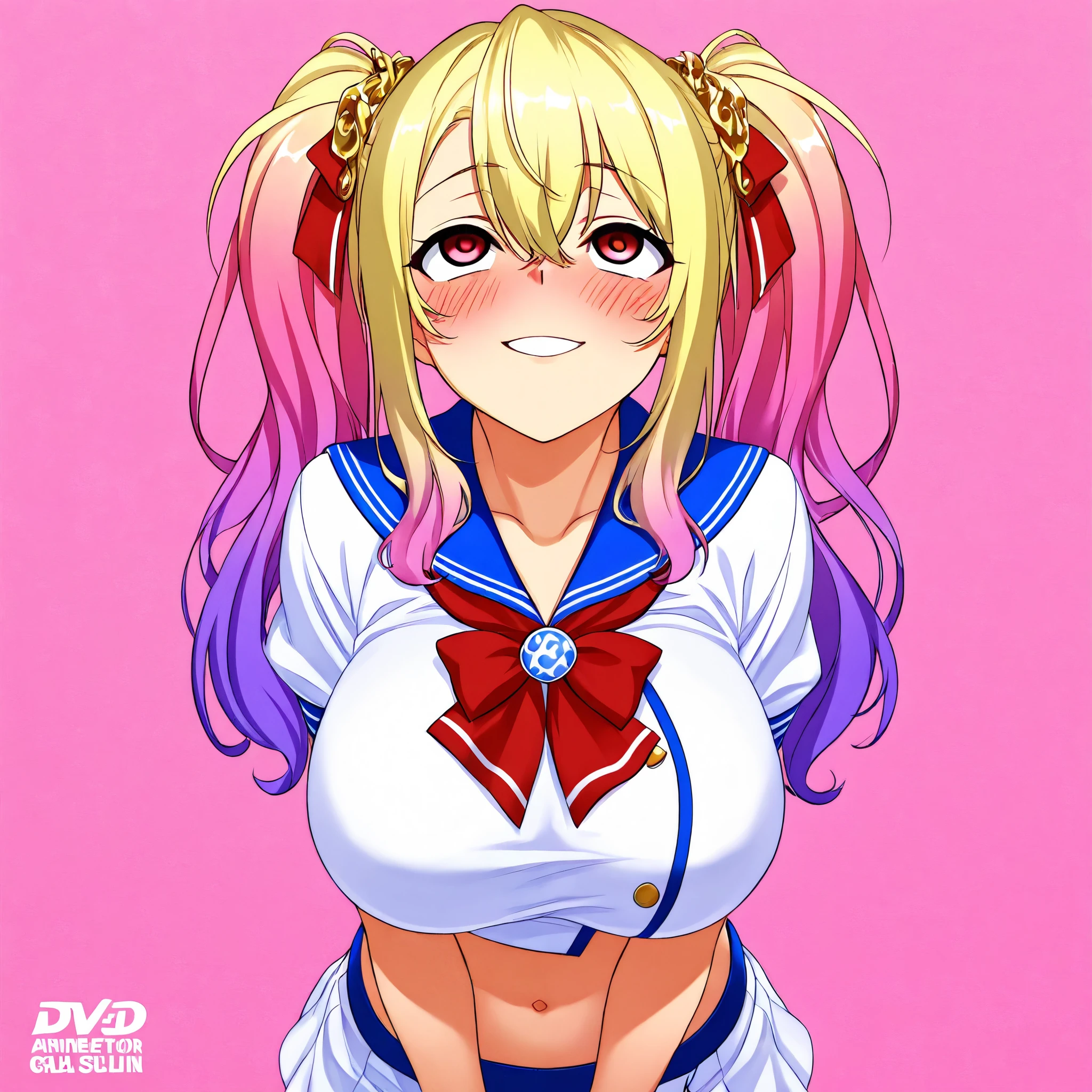 1 girl, high resolution, long hair, big breasts, blush, smiles, smiles, smile,  happy/joy, droopy eyes, simple background, look up, high resolution, high resolution, high resolution, masterpiece, masterpiece, masterpiece, Anatomically Correct, Anatomically Correct, Anatomically Correct, Anatomically Correct, Anatomically Correct, accurate, has won many awards, 最high quality DVD, 最high quality DVD, high detail, high image quality model, high image quality model, high quality DVD, very detailed, very detailed,  Ultra Fine, textured skin,  Ultra Fine,  , textured skin, textured skin, long hair, bangs between eyes, bangs between eyes, gradation color hairstyle, gradation color hairstyle, Illustration, Illustration, Illustration, Illustration,  anime,  anime,  anime, anime, anime, anime, anime, 1 girl, blush, big breasts, big breasts,blush, blur background, Illustration, look up, big breasts,  Gold, twin tails, colorful hair, ,gal,sailor suit,Disrupted attire,sunburn,skin,stick out your navel,M-shaped open ,sunburn, open,