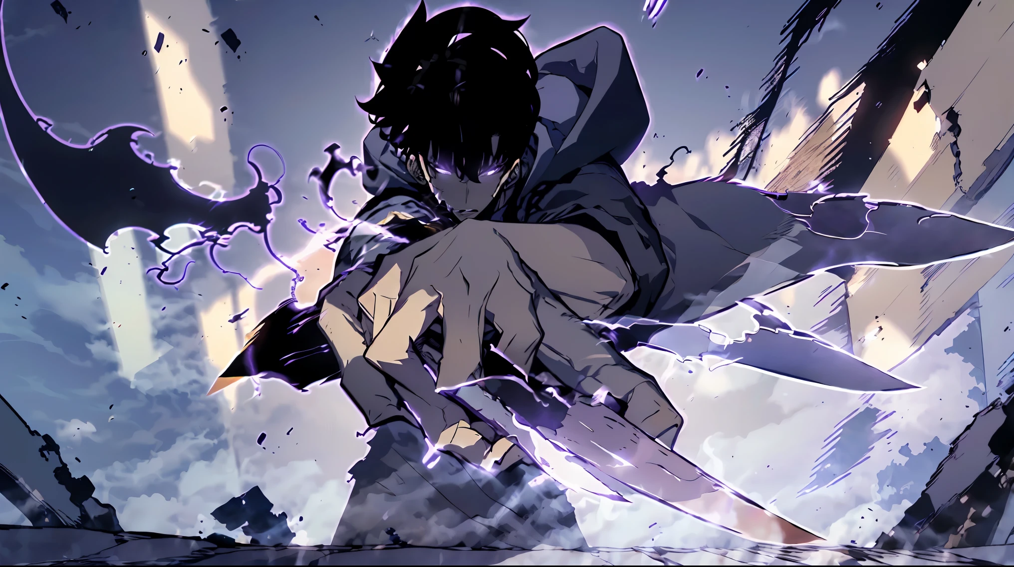 (1man:1.3) , 1boy, black hair , purple eyes , trained , White inner shirt, (navy hoodie:1.2), (solo:1.2), (have a short sword:1.2), (battle:1.2), full body, dutch angle, dynamic angle, (building:1.2), (ruins:1.2)