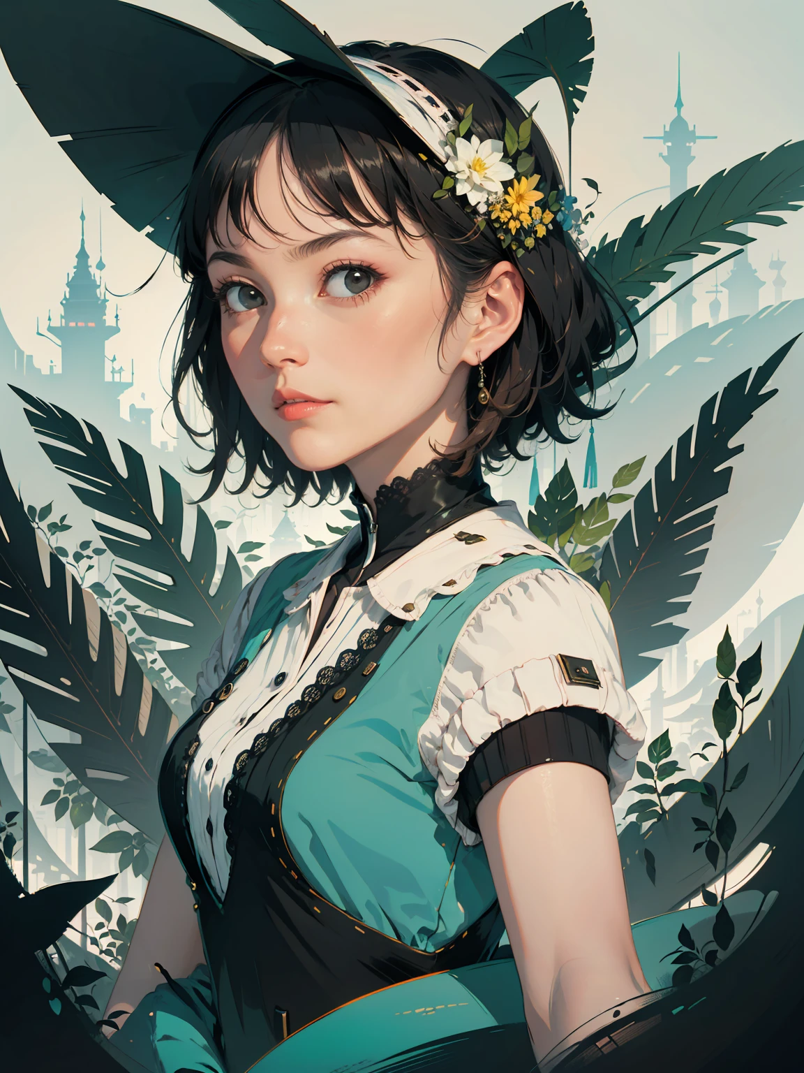 ((Superior quality, portraits, masterpieces, 8K wallpapers: 1.3)), girl with short wavy brown hair (((SHORT HAIR))), obsidian-like black eyes, (((ANNOYING, SERIOUS LOOK))) sitting on a branch of a mueto tree, bioluminescent blue butterflies, dark hour, perfect shadows and reflections of the moon on the scene. black dress covered, dark clothes of MOURNING, CLOTHES COVERING THEIR SKIN, TUNIC.