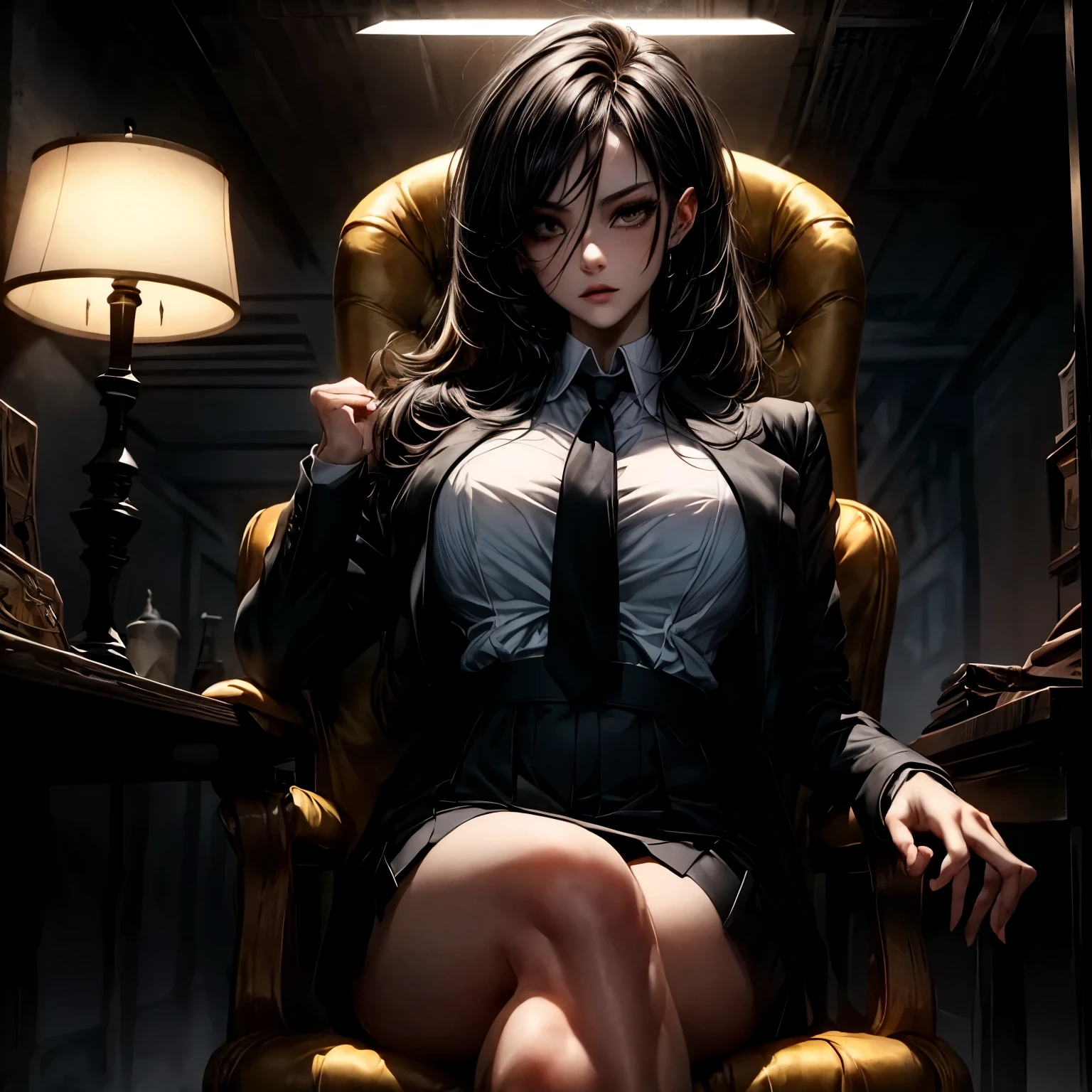 generate a High quality image of Mari kurihara from prison school, black long hair, grey eyes, full body view, robotic body, cape, hand gloves), sitting in the destroyed futuristic city Thorne, angry expression, cinematic fog,